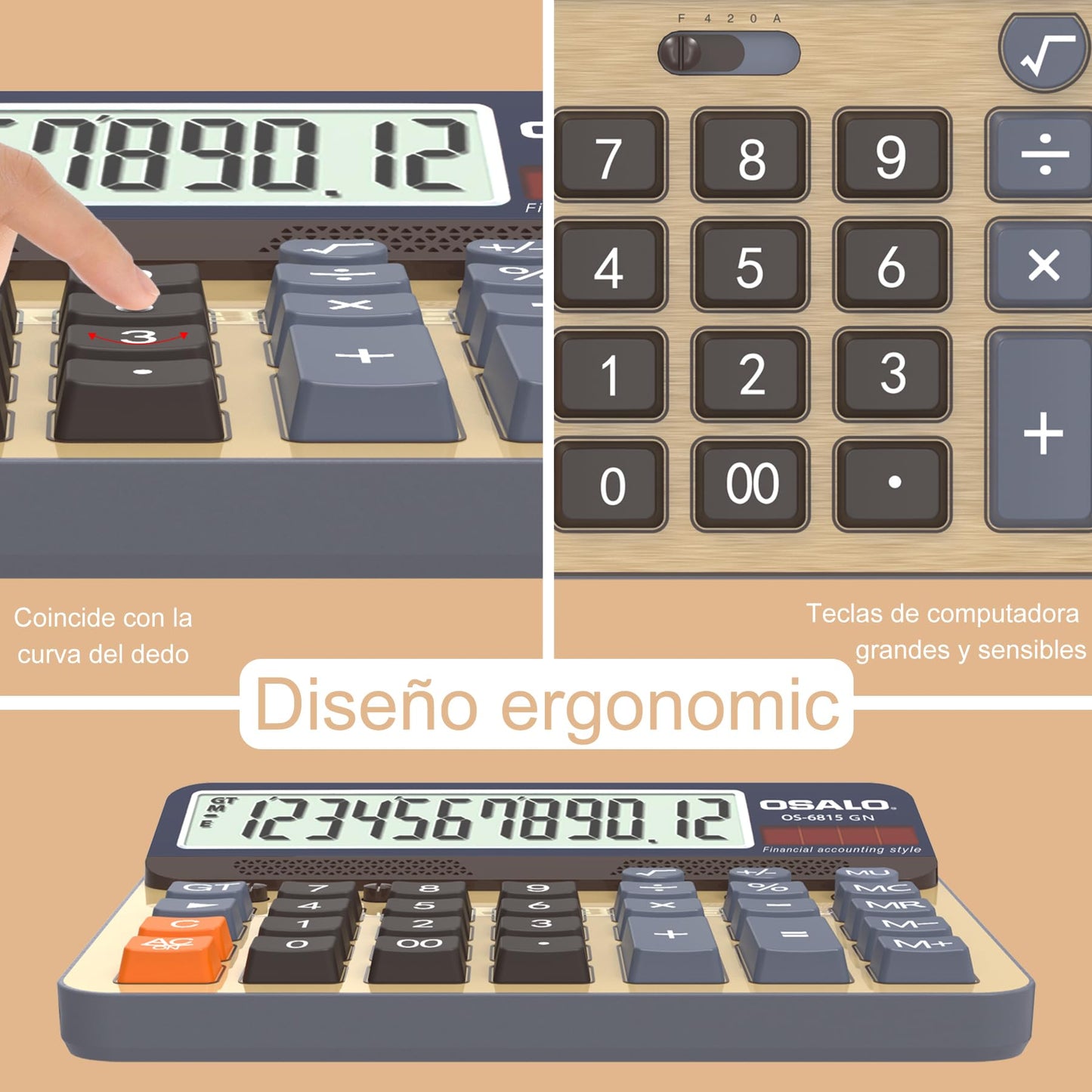 Calculadora de Escritorio Pantalla LCD Extra Grande de 5 Pulgadas Calculadora de Contabilidad de números Grandes de 12 dígitos con botón de Respuesta Gigante, para Office Business Home (OS-6815GN)