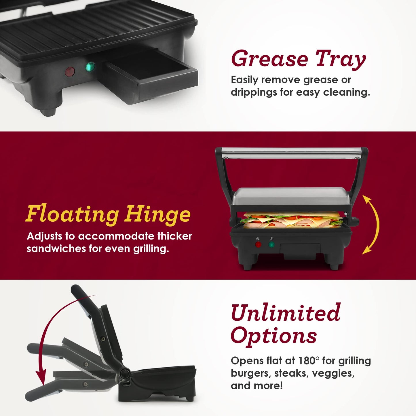 Elite Gourmet EPN-2976# 2 en 1 parrilla antiadherente Panini Press & Indoor Grill, abre una sandwichera gourmet de 180 grados, bisagra flotante para todos los alimentos, parrilla de contacto con