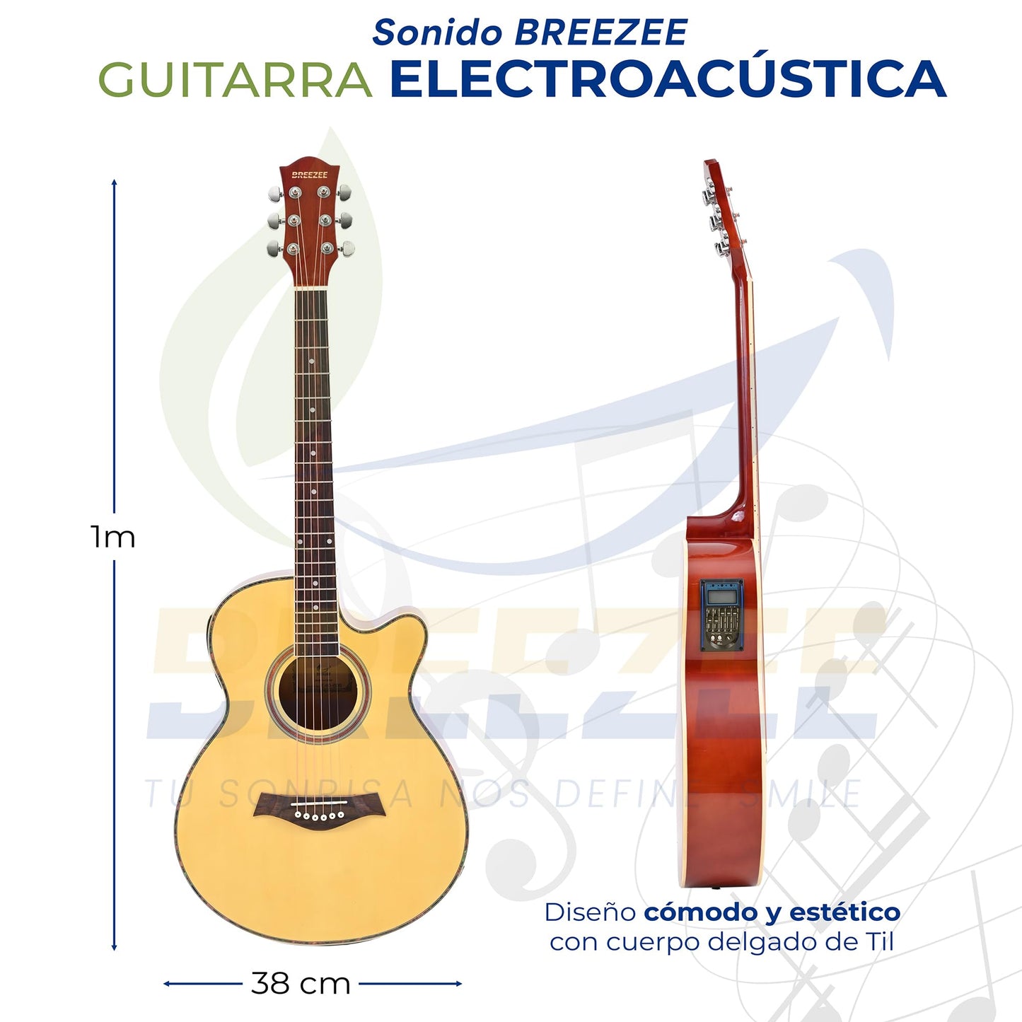 BREEZEE Guitarra Electroacústica de 40” Diseñada sobre Abeto, Merbau, Okume y Palisandro. Acabado de Barniz en Pulverización, Incluye Set de Accesorios Completo para Principiante