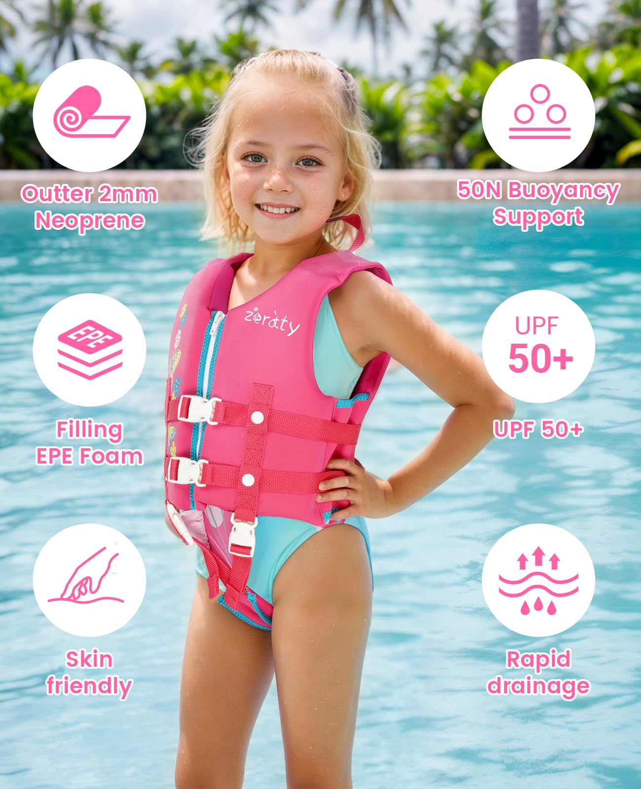 Chaleco de Natación Zeraty Rosa Neopreno para Niños y Niñas