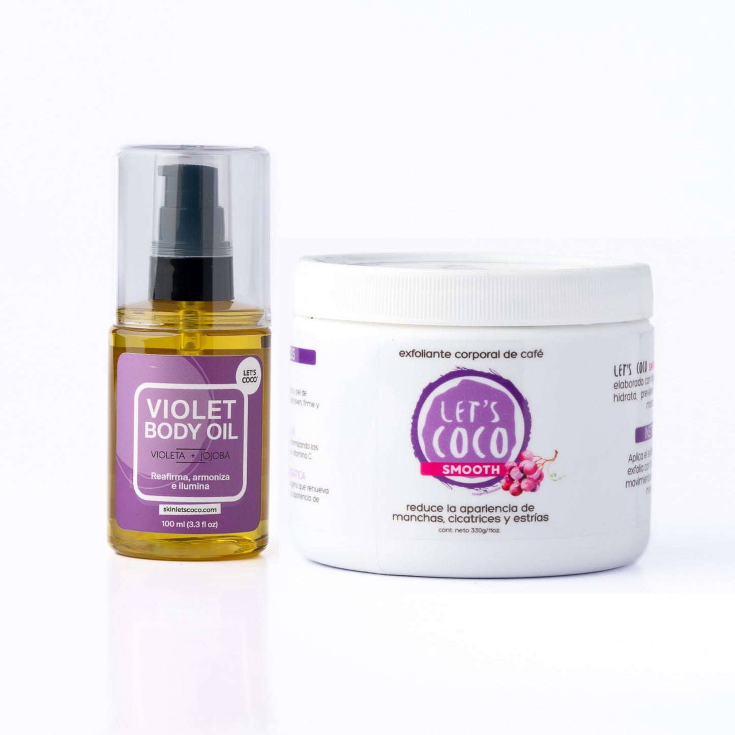 LET'S COCO | Kit Anti-Celulitis y Estrías (Let’s Coco Smooth + Violeta Body Oil) - Exfoliante Corporal de Café, Anti-Celulitis, Para Uso en Todo el Cuerpo y Aceite Corporal de Jojoba y Sándalo