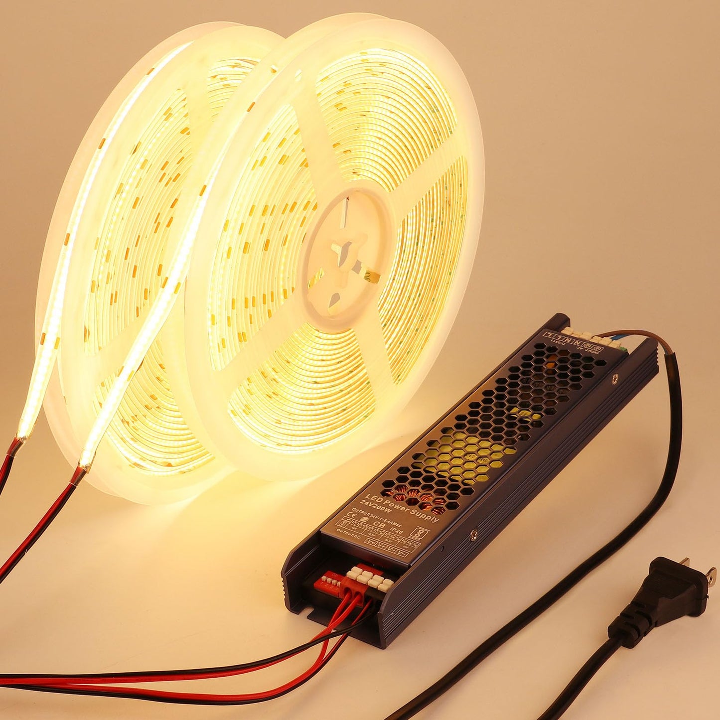 BENLUN Tira LED COB 24V 20 Metros (10 Metros x 2), 3000K Blanco Cálido Luces LED Exterior Impermeable, 11W/M CRI 93 Luz de LED Adhesiva con Transformador para Habitacion, Techo, Cocina