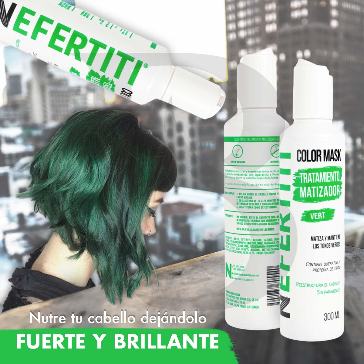 Tratamiento para el Cabello Nefertiti Vert Verde con Keratina y Proteína de Trigo Sin Parabenos