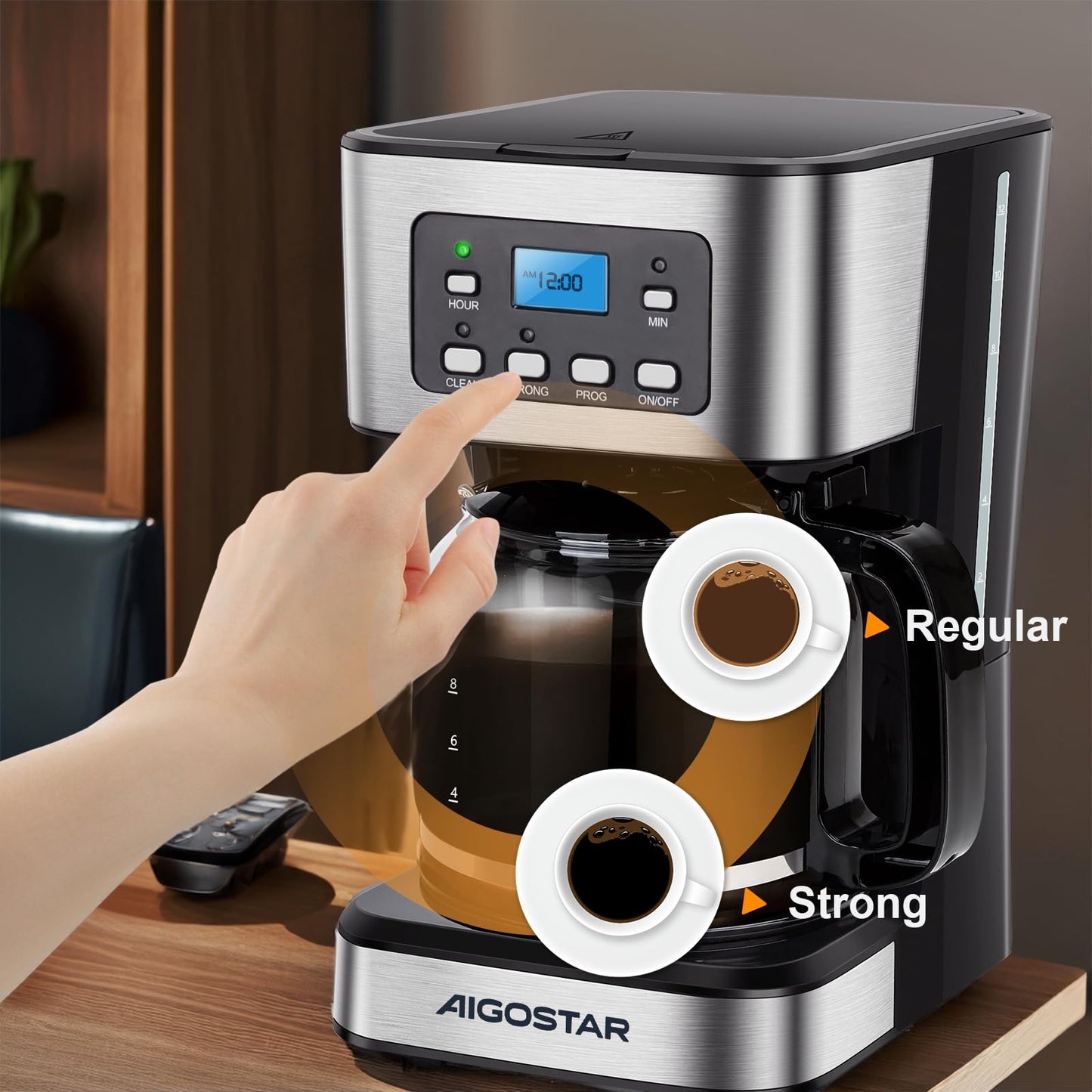 Aigostar Cafetera de goteo, Pantalla LCD, Filtro Reutilizable, Programable, Función Auto Limpieza (Descalcificación), Capacidad 1,8L(12 tazas), Función Mantener Caliente. Sin BPA