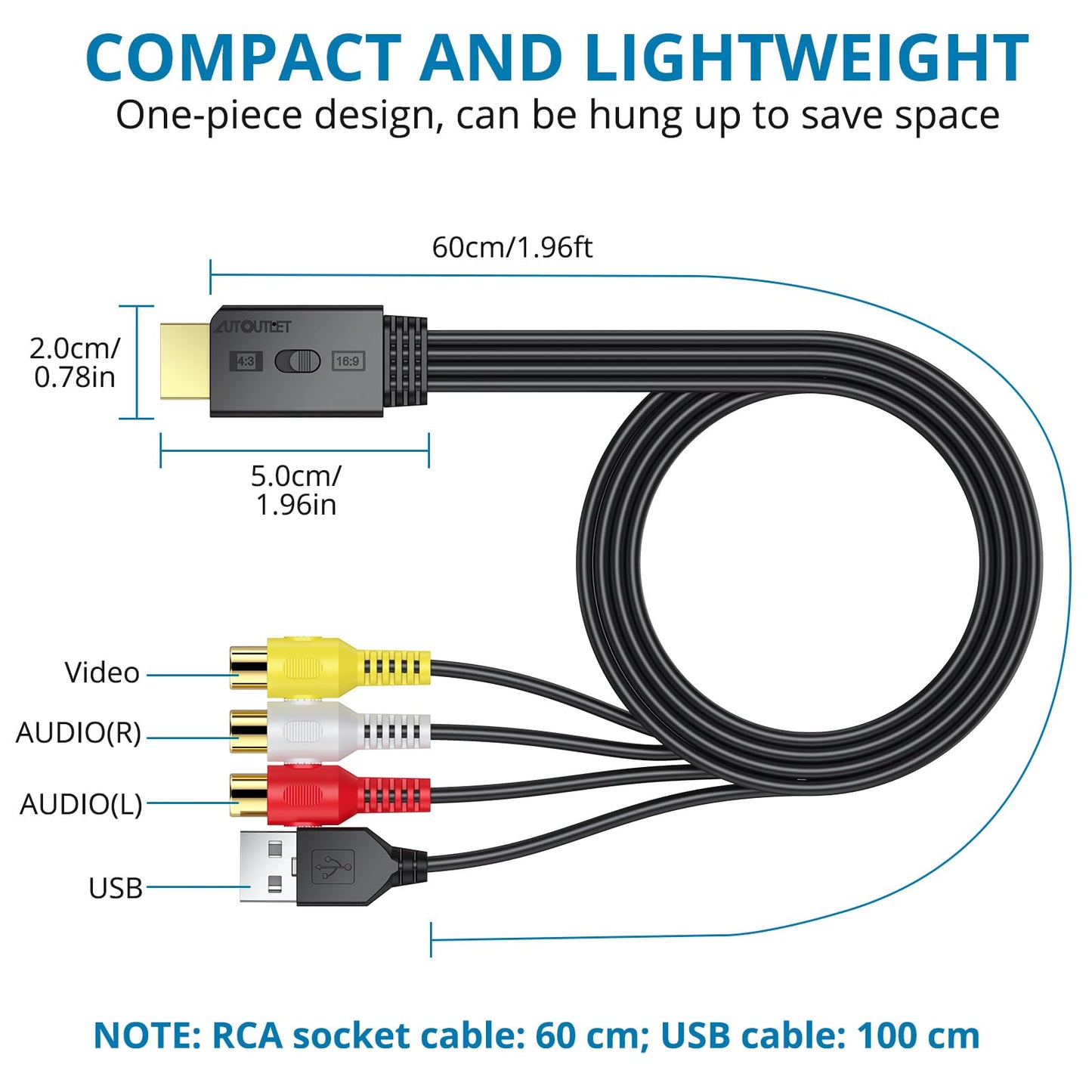 AUTOUTLET Convertidor RCA a HDMI, adaptador AV a HDMI 1080P compatible con conversión 16:9/4:3 y PAL/NTSC, adaptador de audio de vídeo RCA con cable RCA hembra de 60 cm para Wii, PS1/PS2, Xbox, N64