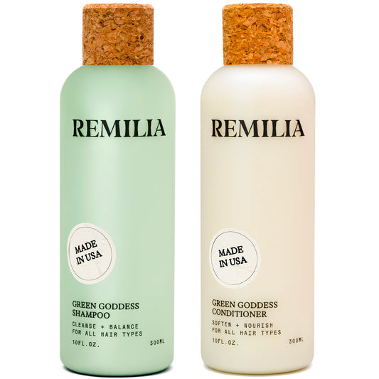 Paquete de Shampoo y Acondicionador Remilia Hair Green Goddess romero vegano para Cabello Seco y Dañado