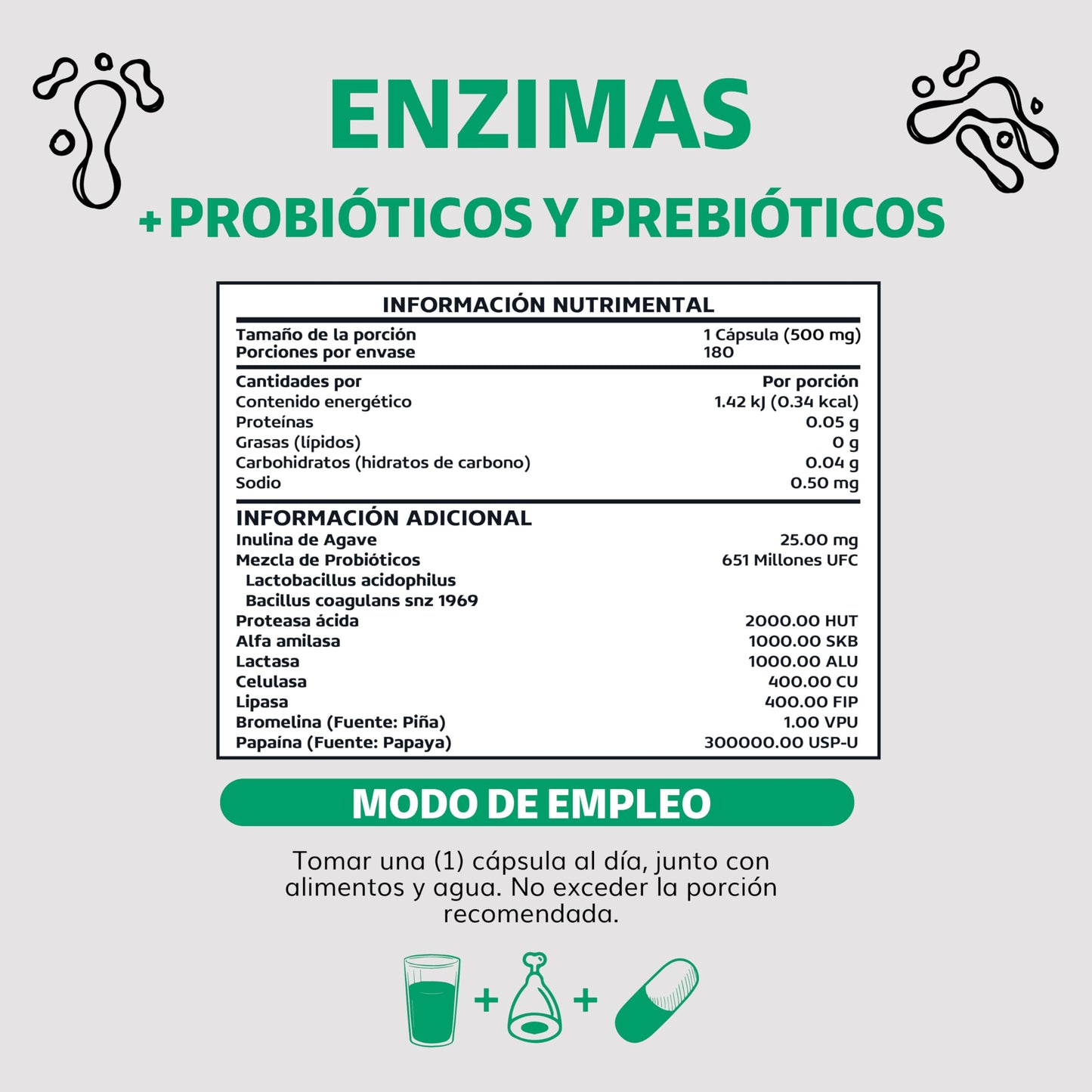 Enzimas Digestivas y Probióticos Lactobacillus acidophilus 180 Cápsulas