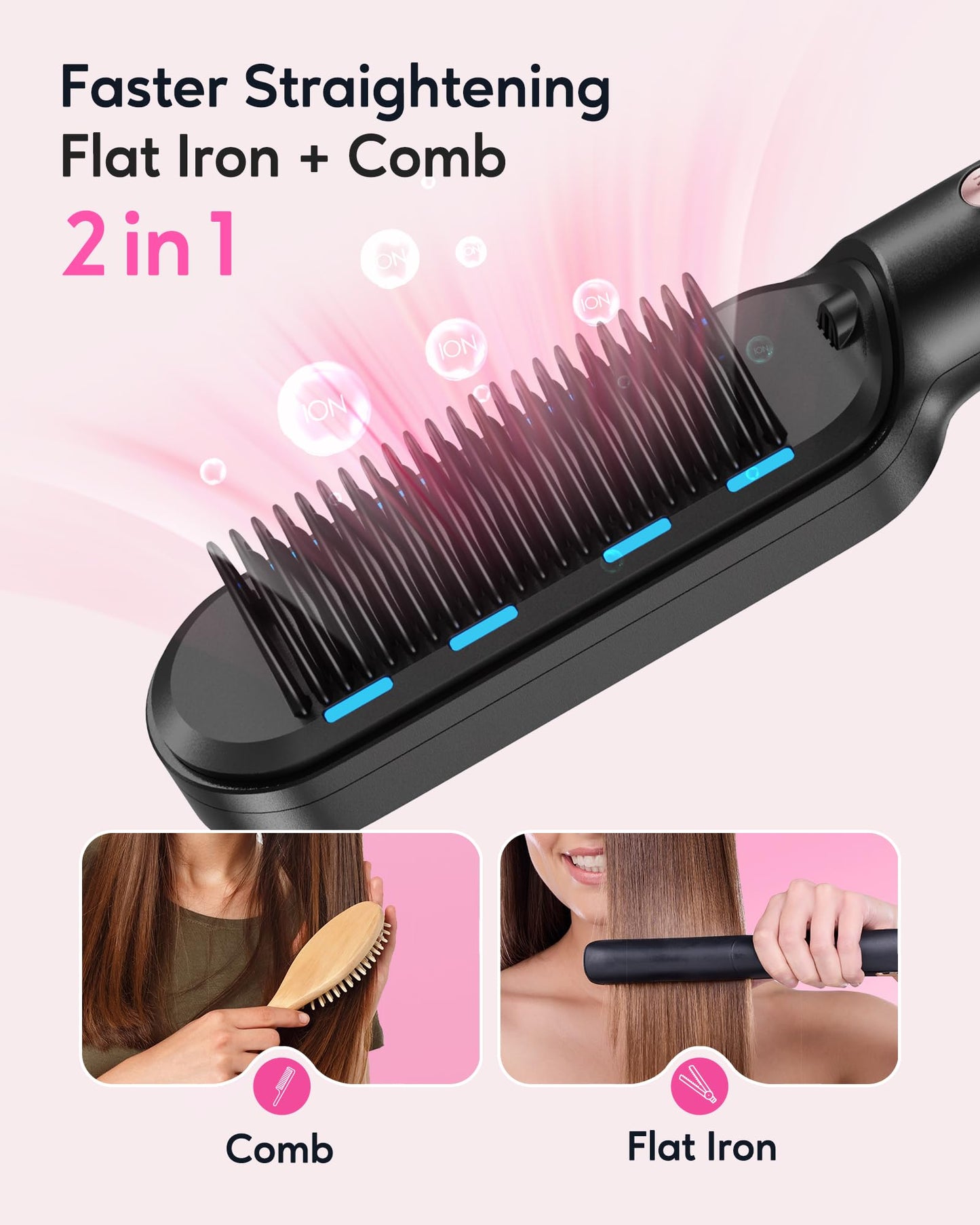 Wavytalk Cepillo alisador de pelo, peine de cerámica anticaldo, calentamiento rápido para salón en casa, doble voltaje, oro rosa