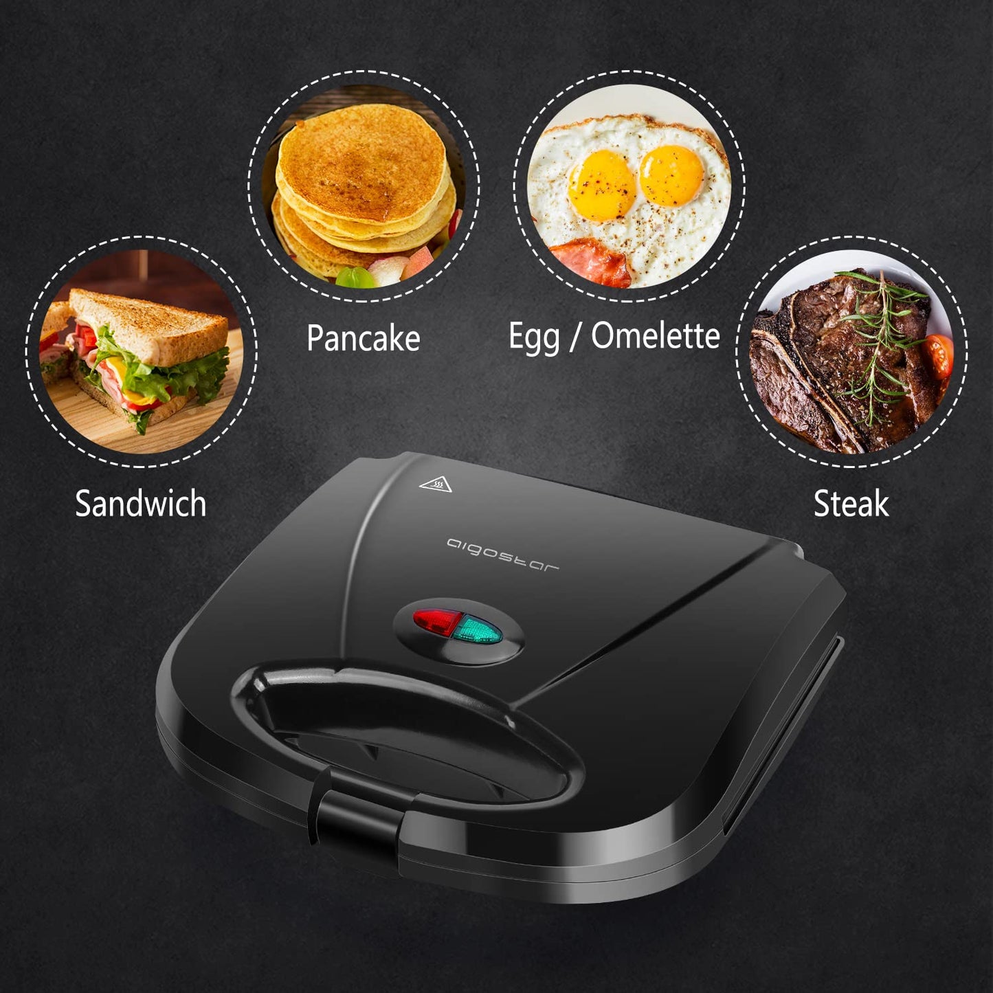 Aigostar Sandwichera con superficie antiadherente de rejilla profunda para huevo, jamón, filetes, parrilla eléctrica compacta tostador de Pan negro, certificado ETL, Roy