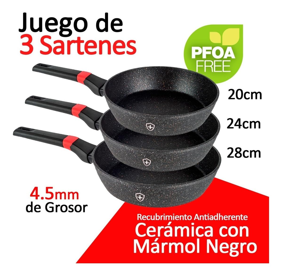 Juego De Sartenes Para Inducción Negros De Marmol CO-CM202428 3pzas