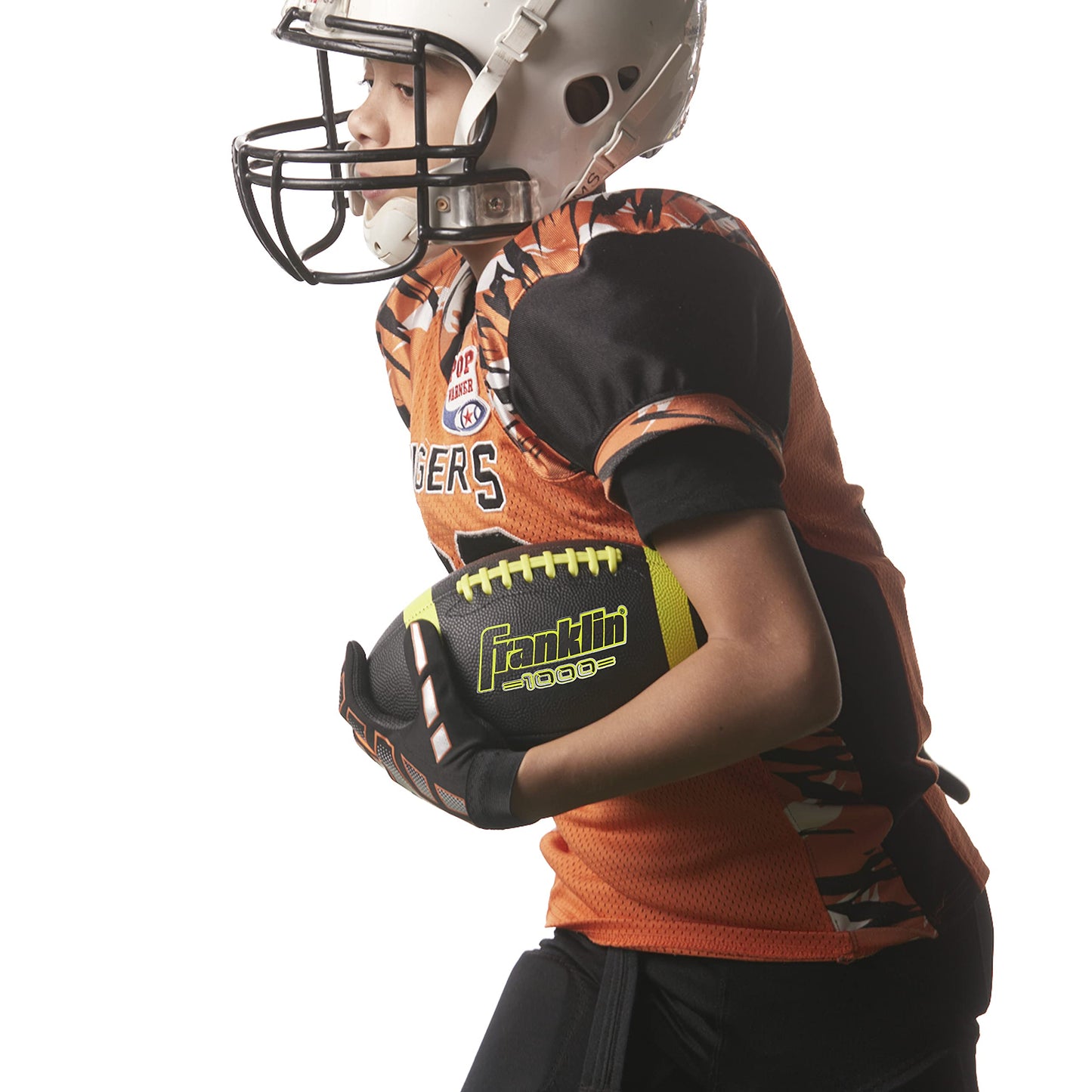 Franklin Sports Youth Football - 1000 Junior Kids Football - Synthetic Leather Youth Junior Football for Kids - Outdoor All-Weather Footballs - Extra Grip Kids Football - 1 Pack - Black + Optic