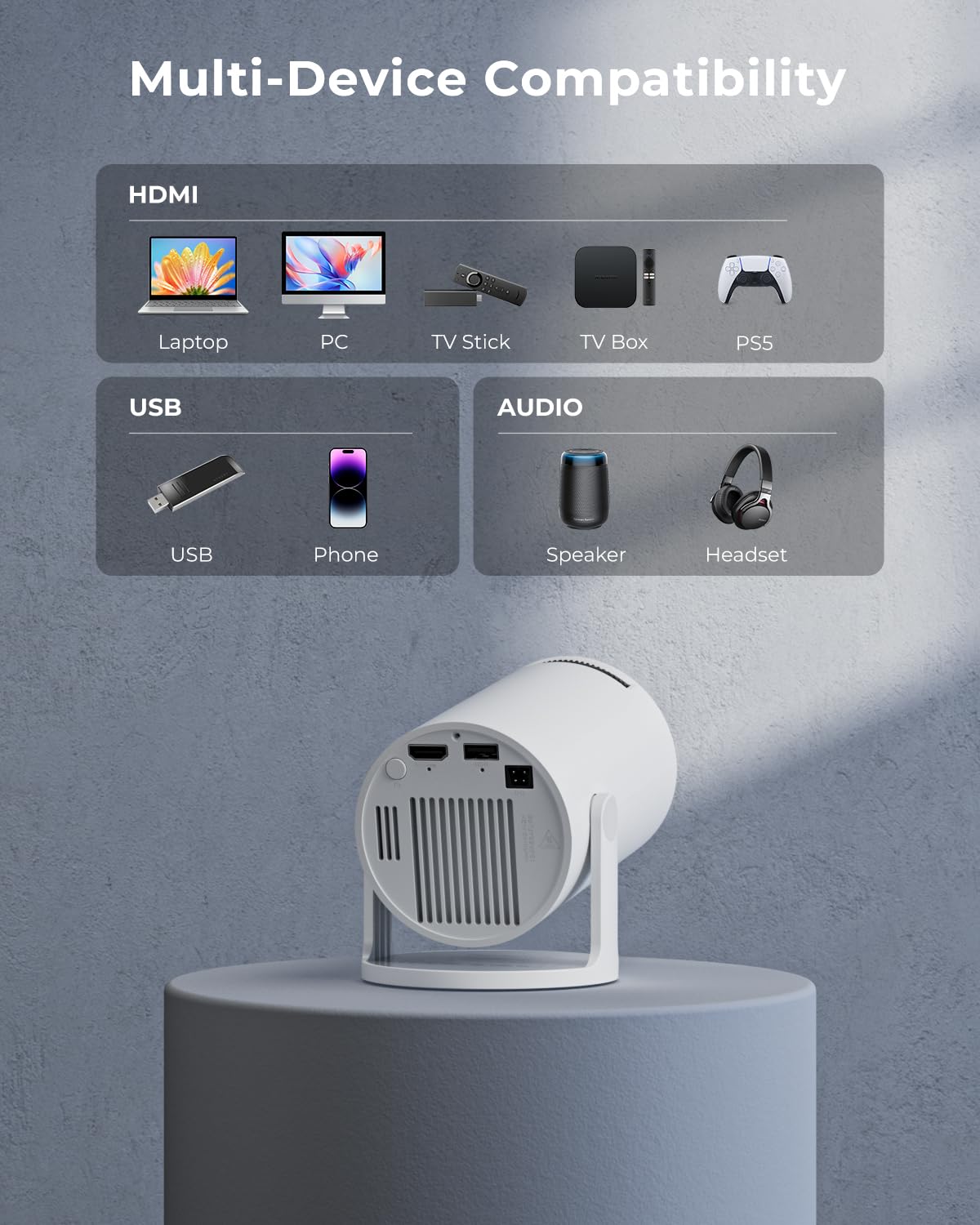 Mini proyector, proyector portátil con WiFi y Bluetooth, aplicaciones integradas, compatible con 4K 1080P, rotación de 180°, piedra clave automática, proyector de película compatible con HDMI/USB/TV