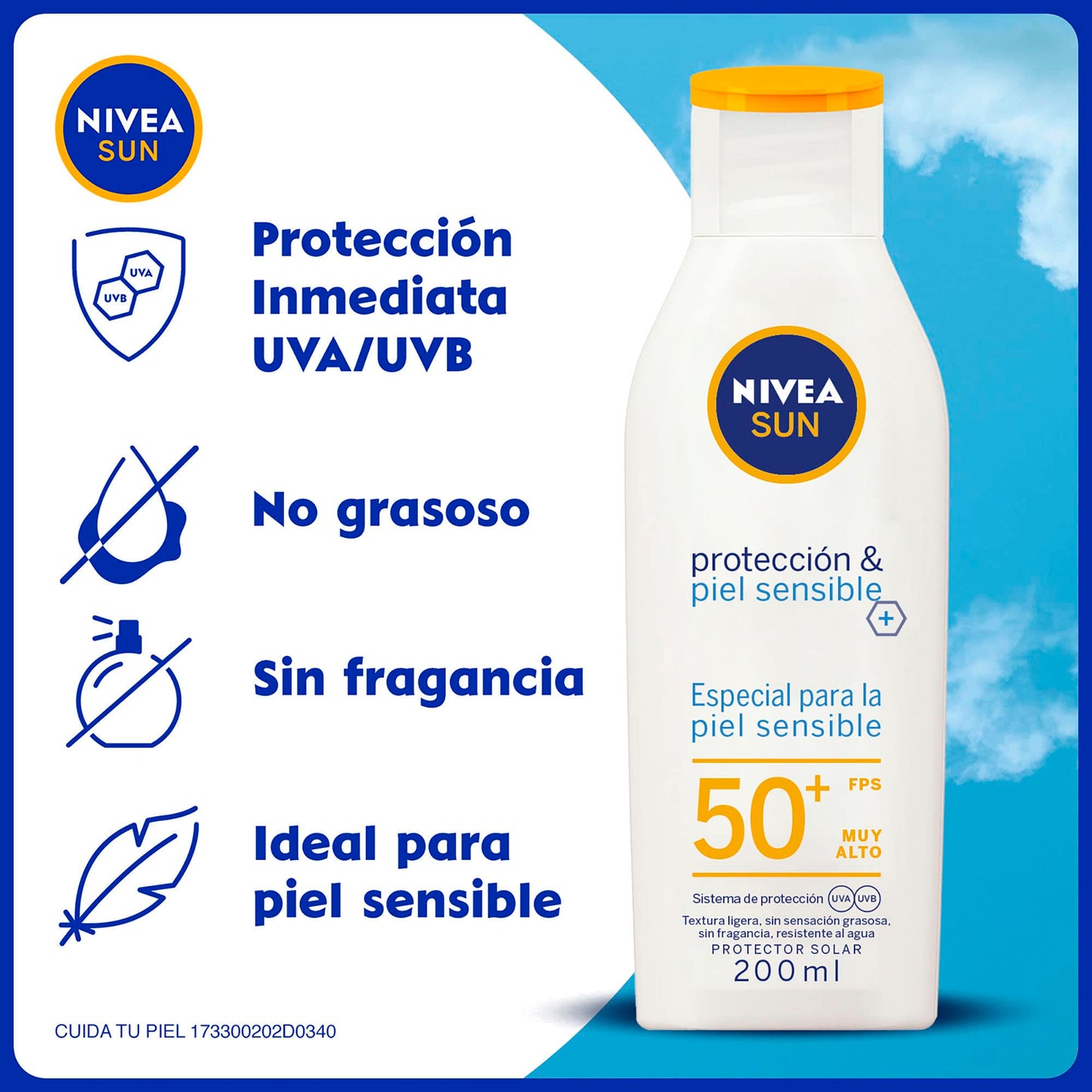 NIVEA SUN Protector Solar Corporal Piel Sensible FPS 50+ | Resistente al Agua