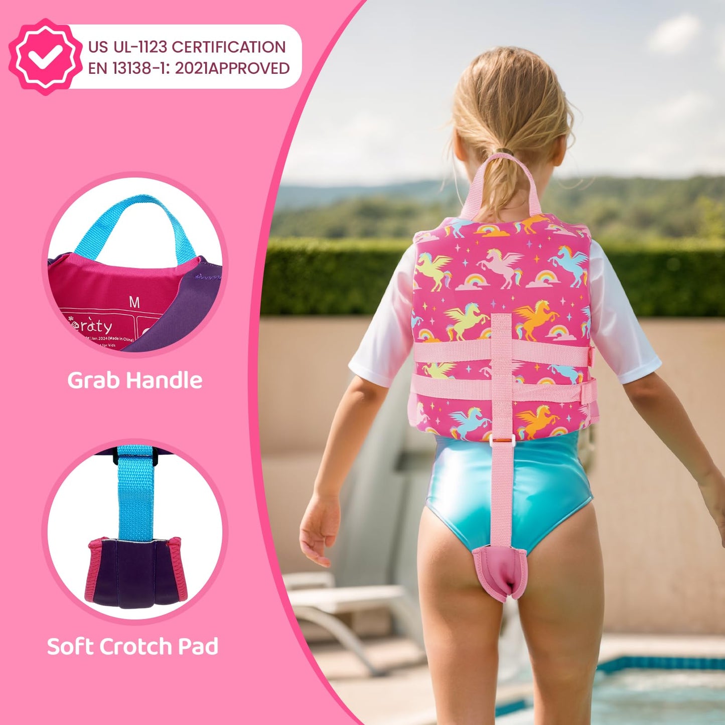 Boglia - Chaleco de natación para niños y niñas de 20-30-40-50-60-70-80-80 libras con correa de seguridad ajustable