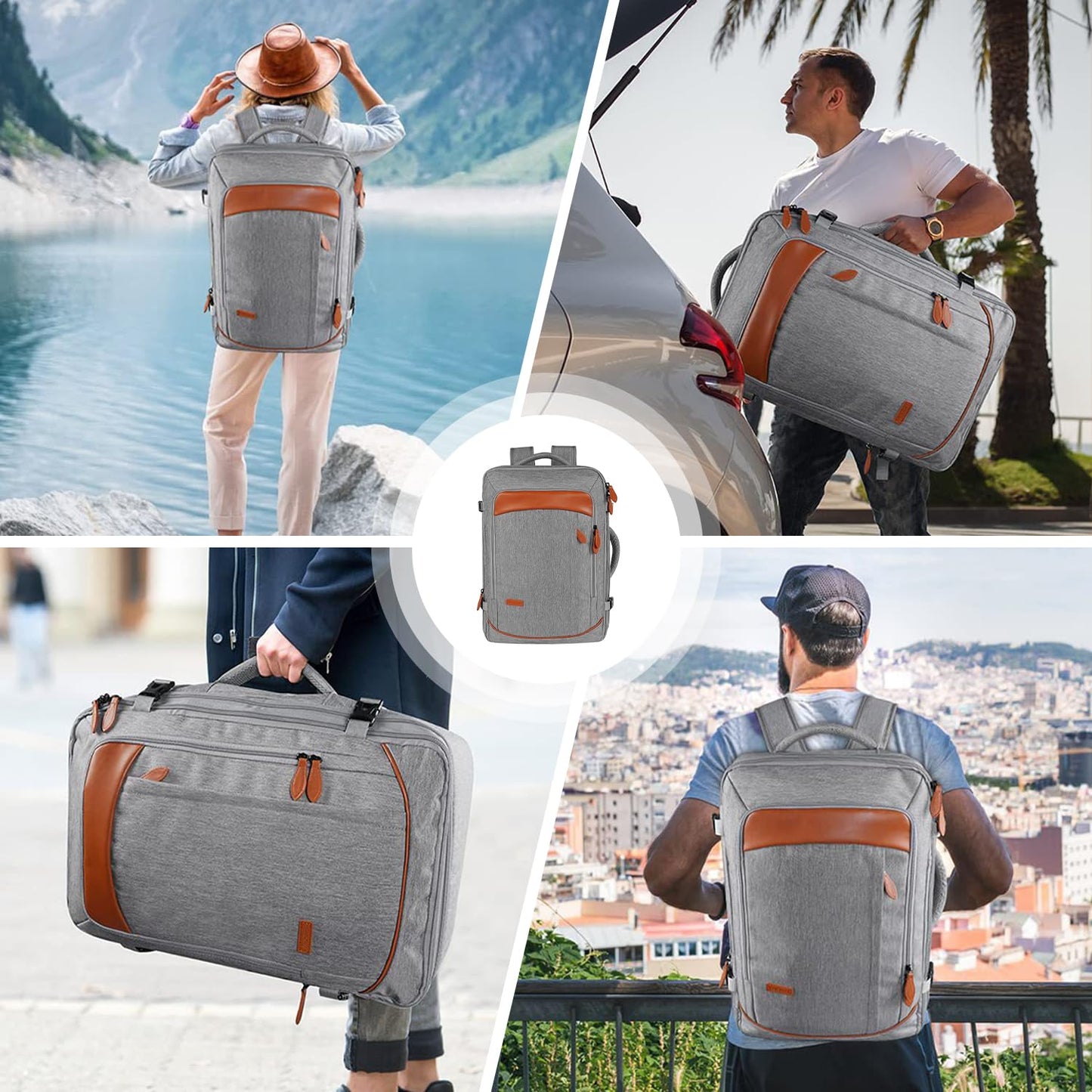Juego de mochila de viaje de 5 piezas, mochila de equipaje certificada por vuelo extra grande 40 L, maleta expandible con 4 bolsas de almacenamiento, mochila de negocios impermeable, unisex (Gris)