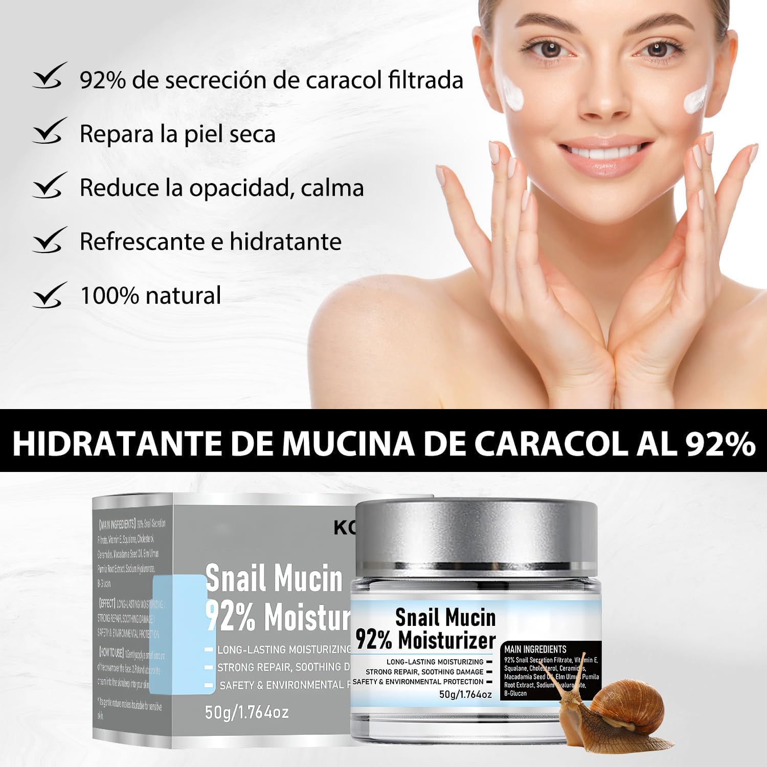 Crema De Baba De Caracol Original, VC Serum Facial, 2PCS, Snail Mucin 92%, Crema de Gel Facial Reparadora Hidratante, Crema Hidratante Facial Diario, Hidratación Duradera, para Todo Tipo de Pieles