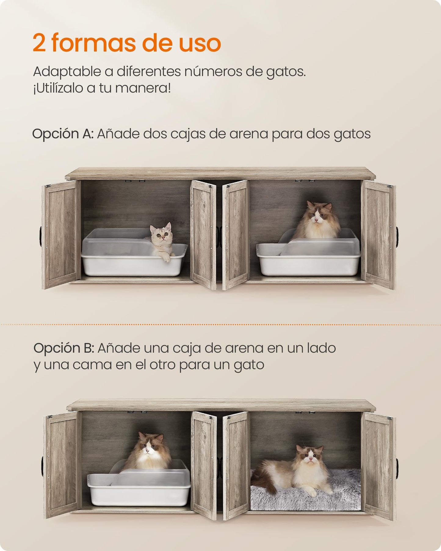 Feandrea Mueble Arenero para Gatos, Caja de Arena para 2 Gatos, Mesa Auxiliar, 145.6 x 48.5 x 50 cm, Greige Mélange MPCL010G01