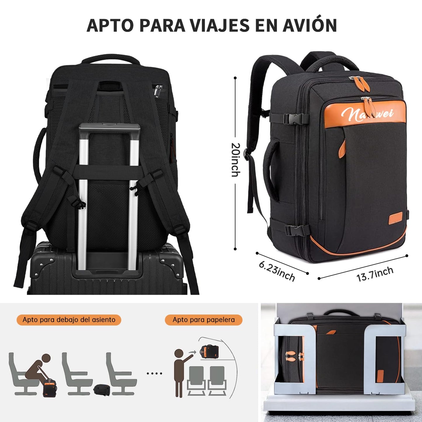 Juego de mochila de viaje de 5 piezas, mochila de equipaje certificada por vuelo extra grande 40 L, maleta expandible con 4 bolsas de almacenamiento, mochila de negocios impermeable, unisex (Negro)