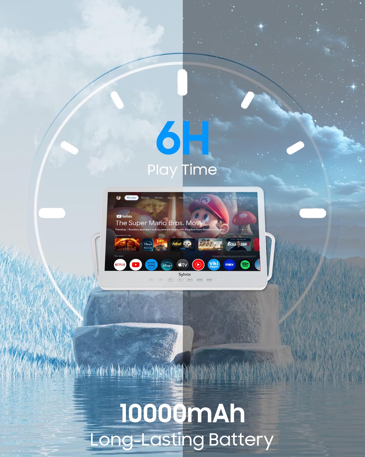 SYLVOX TV portátil de 15.6 pulgadas, Smart TV 1080P, batería de 10000mAh (6H), recargable, resistente al agua IP66, soporta aplicaciones y control de voz. Perfecto para RV, cocina, caravana y más