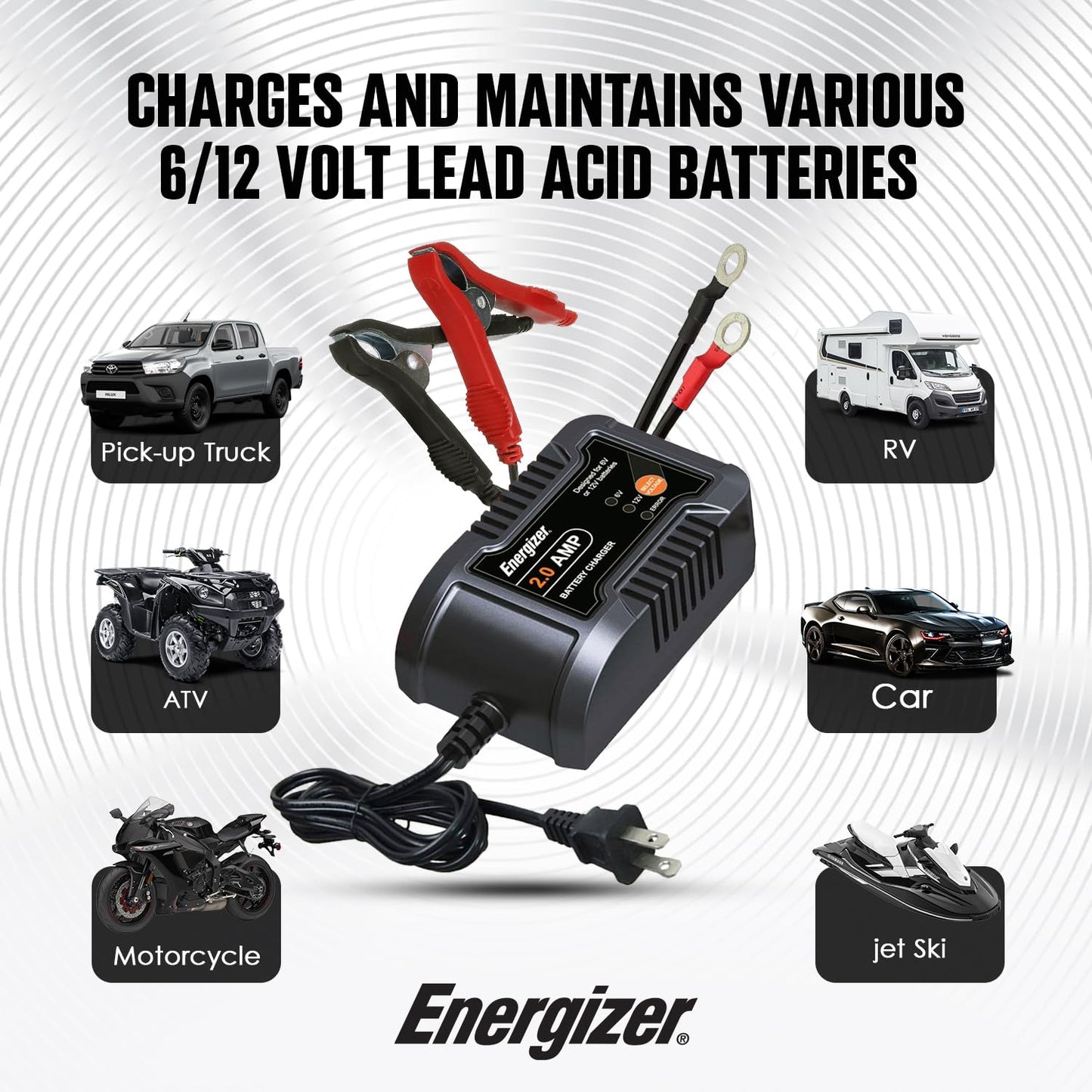 Energizer Cargador Inteligente Automático de 2 Amperios para Baterías de 6 V y 12 V - Mantenedor y Cargador de Goteo Con Tecnología de Carga Inteligente de 7 Pasos