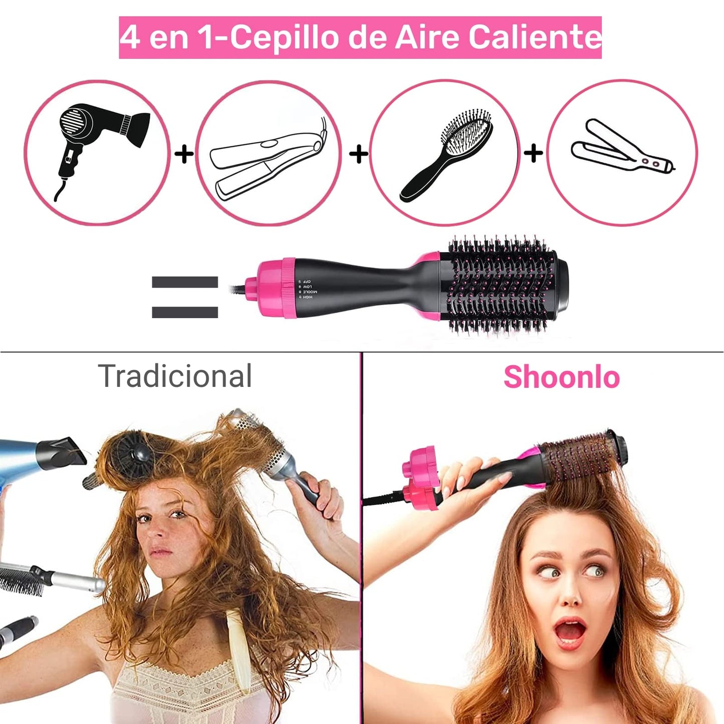 Shoonlo Cepillo Secador de Cabello Multifuncional Secado & Peinado 4 en 1 Cepillo de Aire Caliente Cabello y Voluminizador Iones Negativos Antiencrespamiento para Secar Alisar y Rizar 3 Modes (Rosa)