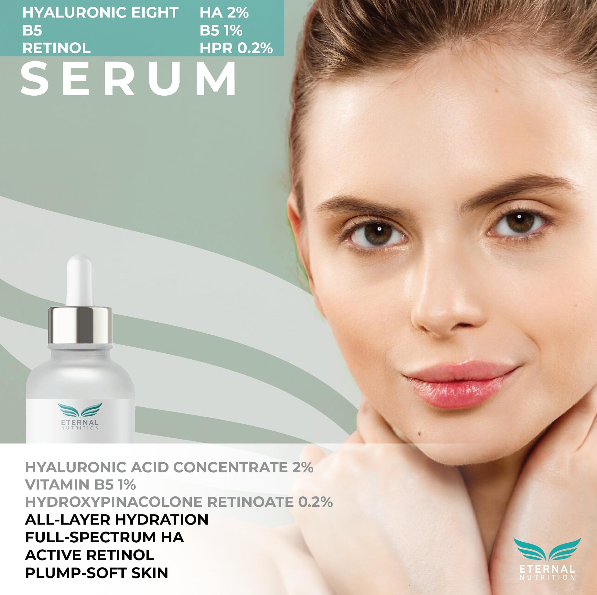 Serum HYALURONIC EIGHT 2%, Vitamin B5 1%, Retinol 0.2%. 50 ml. Suero Ultra Hidratante Antiarrugas | Ingredientes Naturales | Skin Care | Piel Sana y Joven Uniforme | Textura Ligera | Para Todo Tipo de Piel by ETERNAL NUTRITION