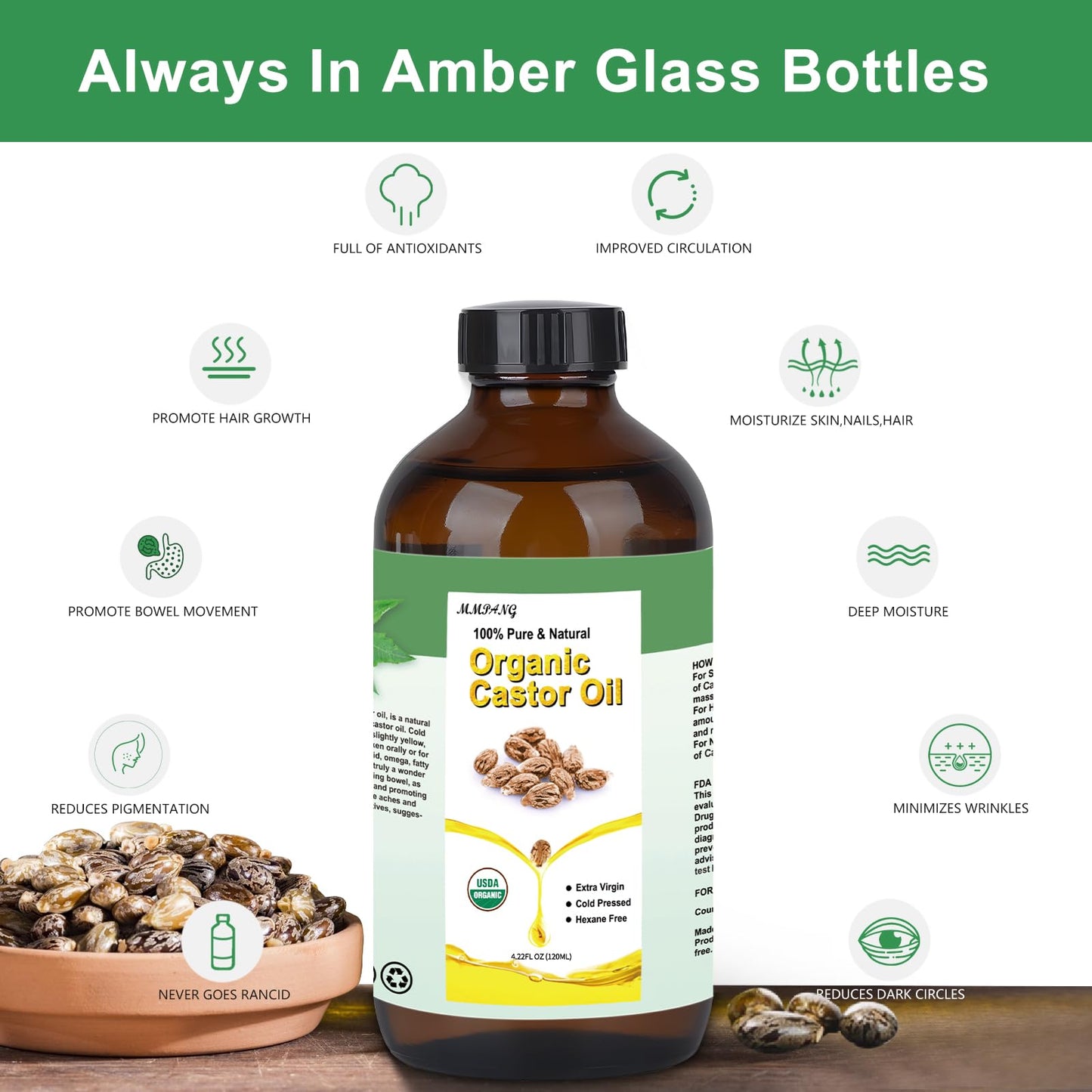 Aceite de Ricino Orgánico Estimulante para Cabello, Pestañas y Cejas - Promueve Crecimiento Natural - Hidratante 120ml