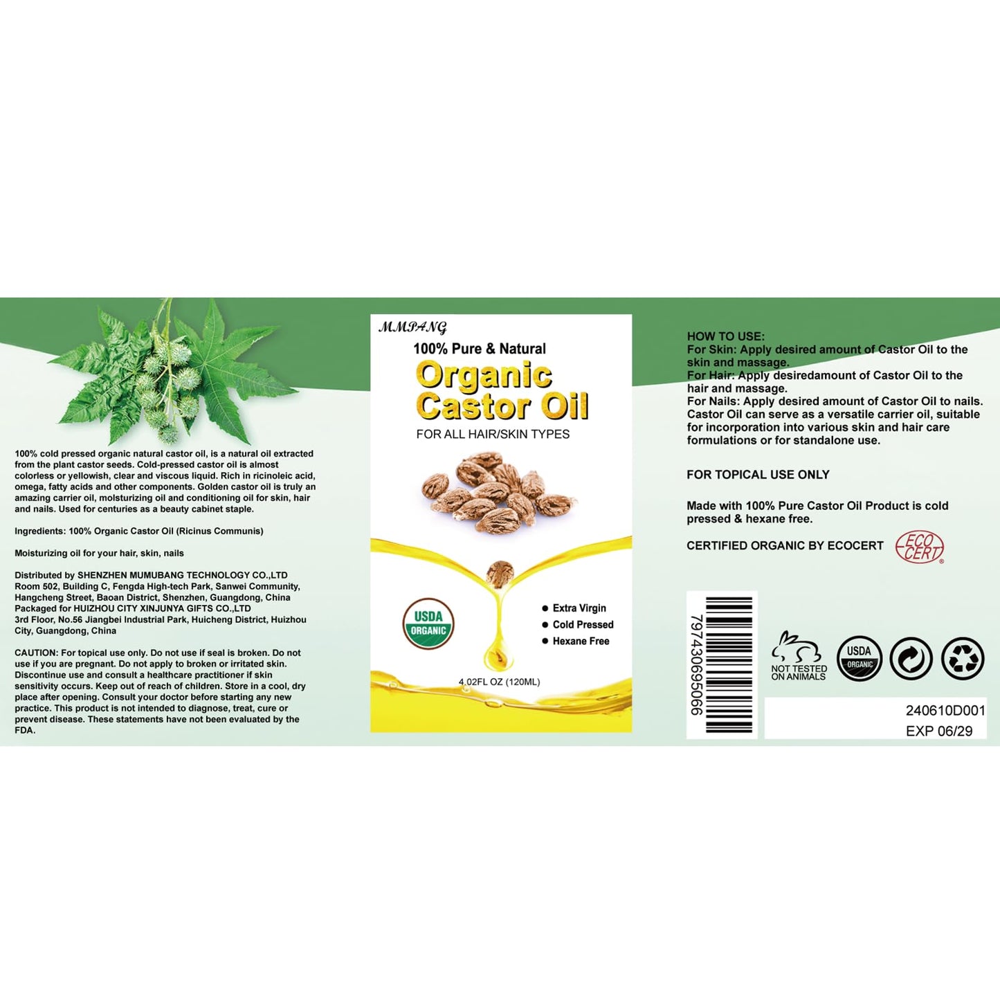 Aceite de Ricino Orgánico Estimulante para Cabello, Pestañas y Cejas - Promueve Crecimiento Natural - Hidratante 120ml