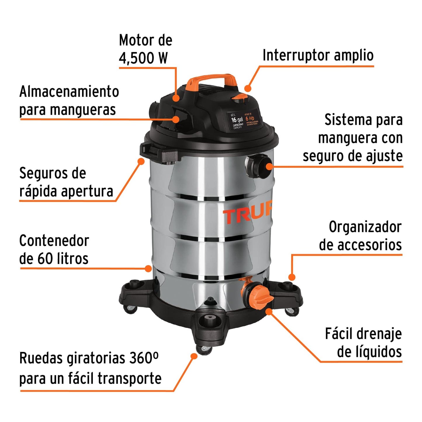 Aspiradora Truper Acero INOX 16 Gal Sólidos y Líquidos