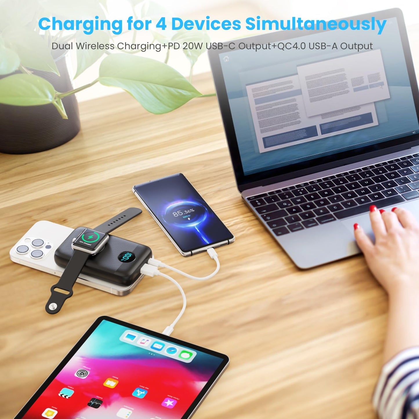 Magnético Portátil Cargador 10800mAh, 4-in-1 inalámbrico Power Bank con iWatch Cargador, QC4.0+20W PD Carga Rápida USB C Batería con Pantalla LCD para Magsafe, iPhone 15/14/13/12,Apple Watch (Negro)