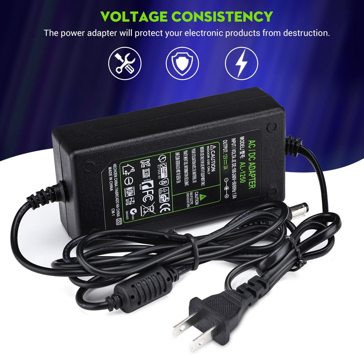 Adaptador de Corriente CC 12V 3A Enchufe EE. UU. Cable 4.6 Pies, Transformador CA a CC 12 Voltios
