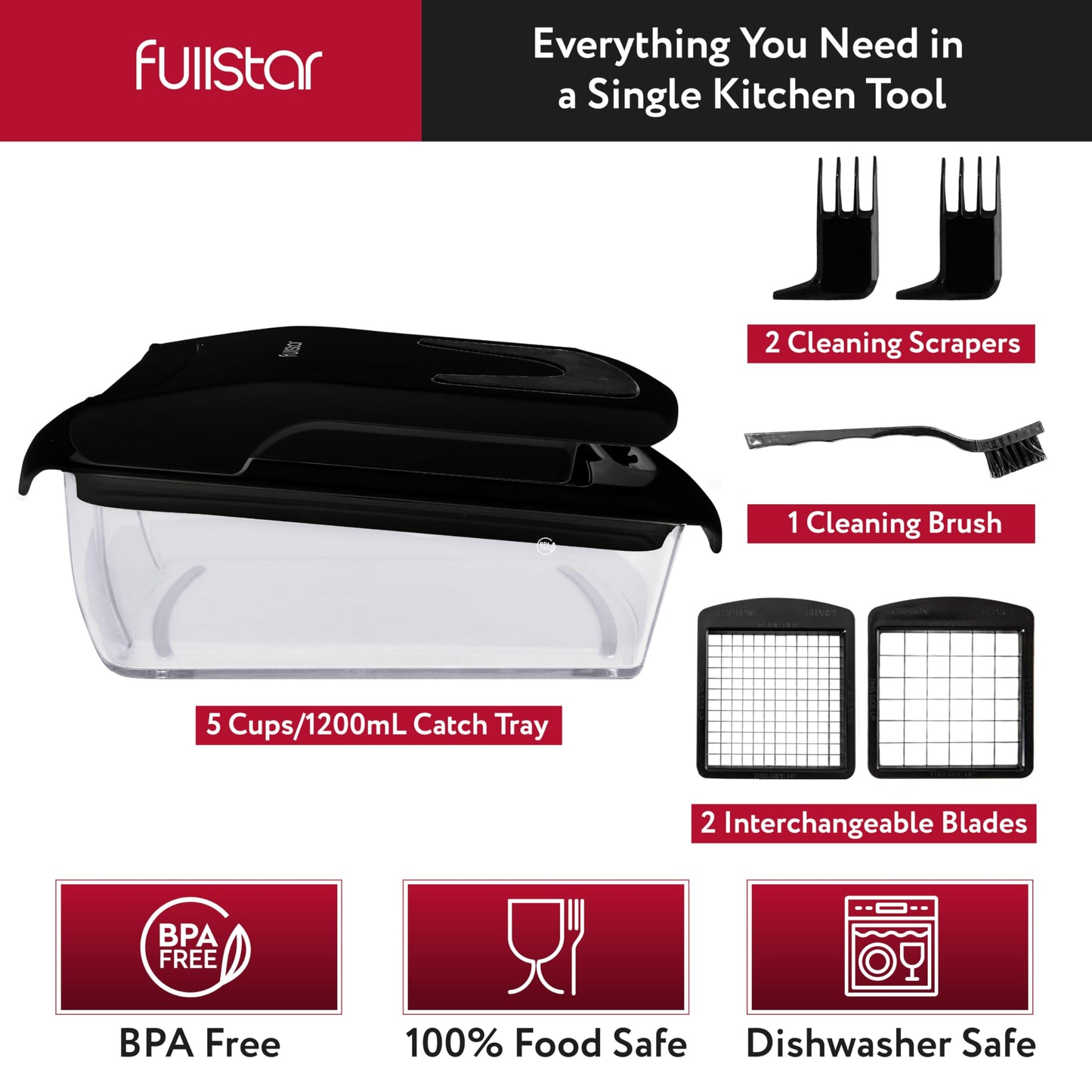 Fullstar - Picador de verduras y espiralizador - Picador de alimentos con contenedor, rebanador de frutas, utensilios de cocina y accesorios, esenciales para el hogar (2 en 1, negro)