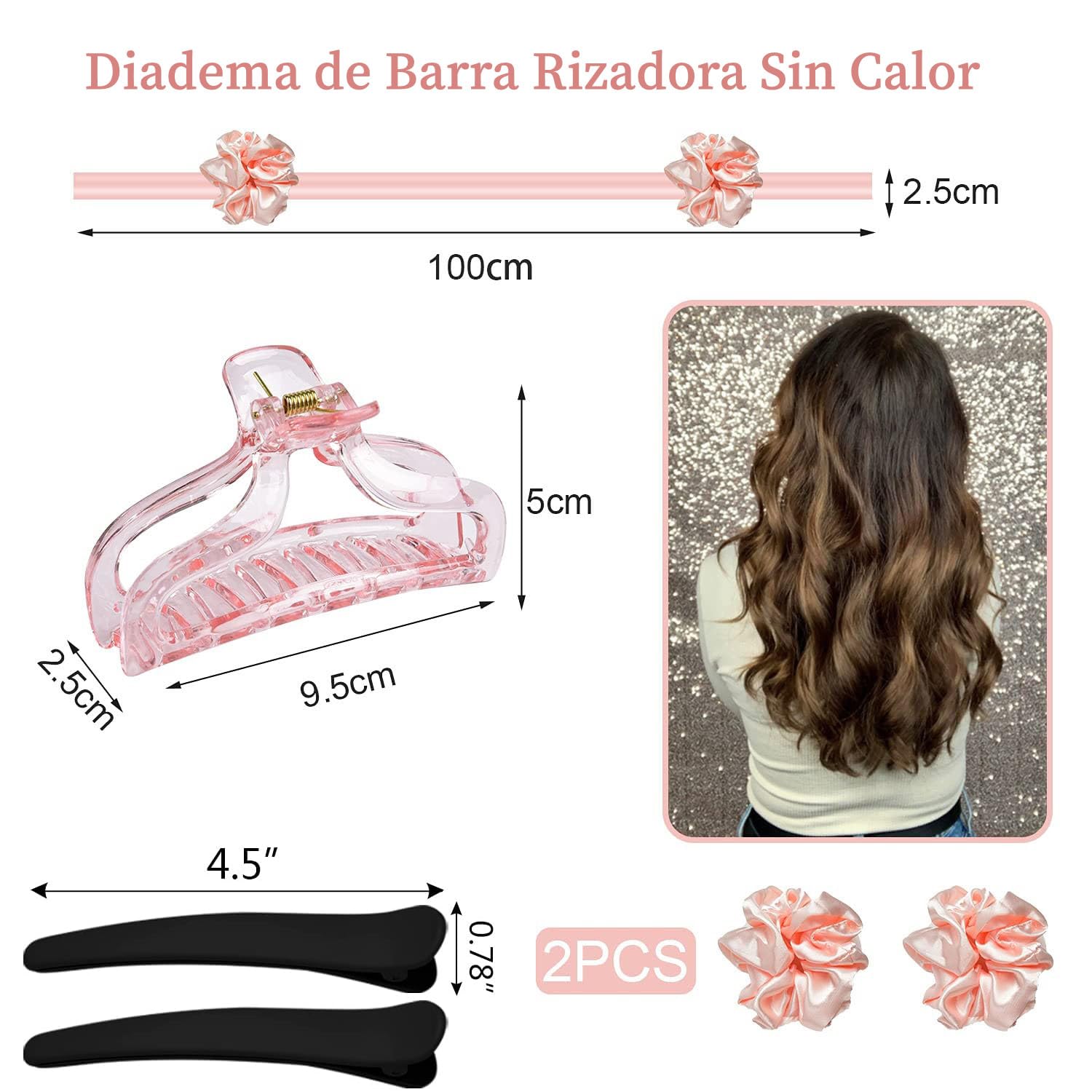 Rizador Pelo Sin Calor, Rulos Flexibles para Rizar Pelo Ondas, con Pinzas para el Cabello y Coletero, Kit de Herramientas de Peinado de Pelo de Seda Suave, Sin Daños, Sin Calor - Rosa