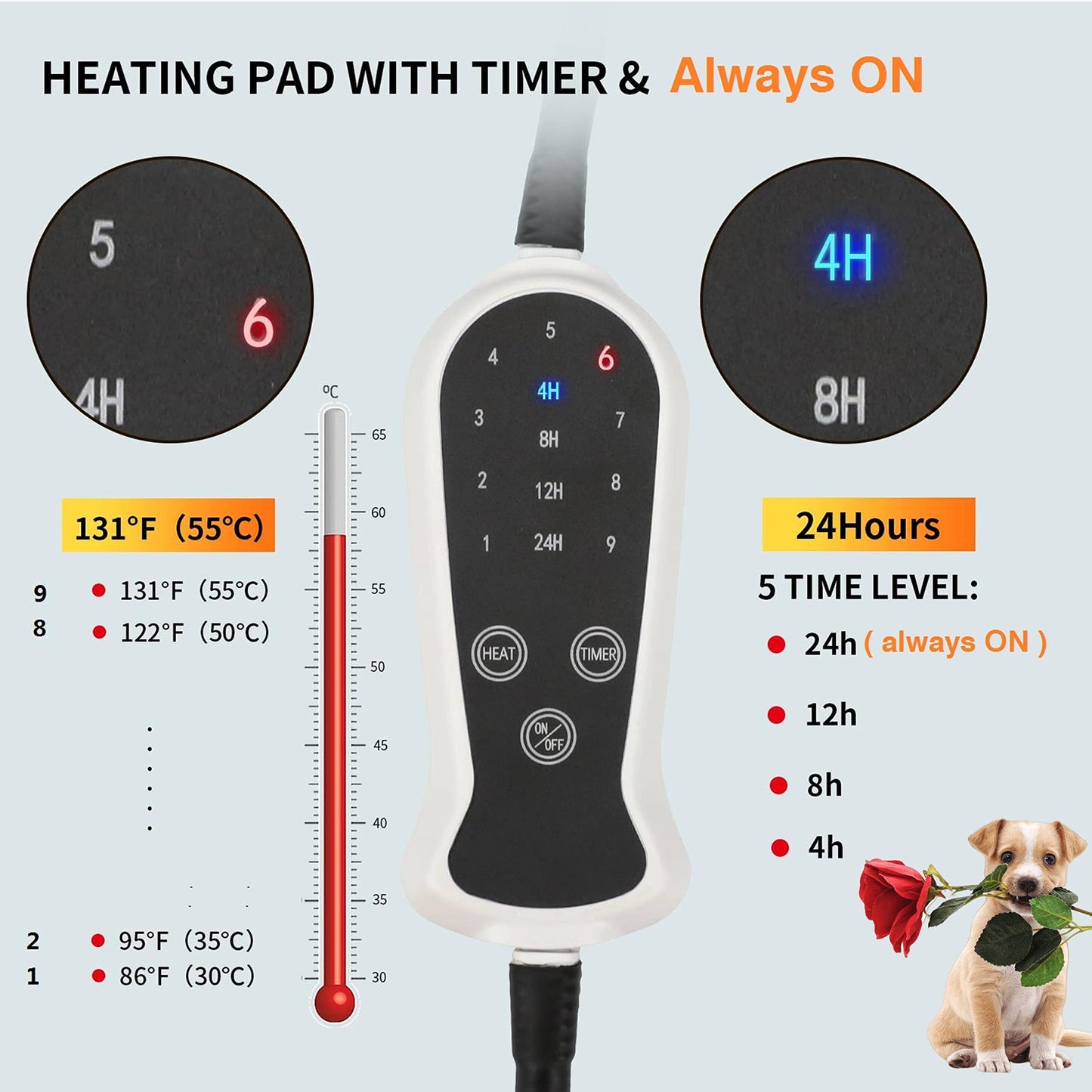 Cama térmica para perro, almohadilla térmica para perros, almohadilla térmica para cachorros en interiores, cama calentada para mascotas, cama para gatos al aire última intervensión, 33 pulgadas de largo x 21 pulgadas de ancho, termostato ajustable de 4 t