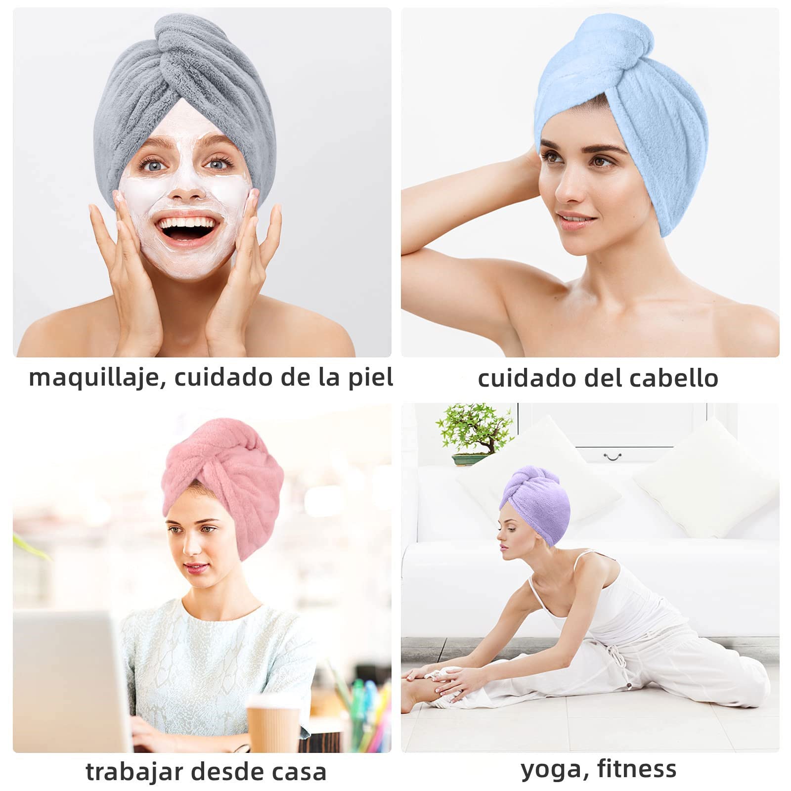 Toalla Microfibra para Cabello 3 Pack, Toalla de Cabello Seco con Botones, Gorro de Baño Ultra Absorbente de Agua, Secado de Pelo Súper Rápido, Turbante Suave Anti Frizz para Mujer (Rosa Gris Azul)