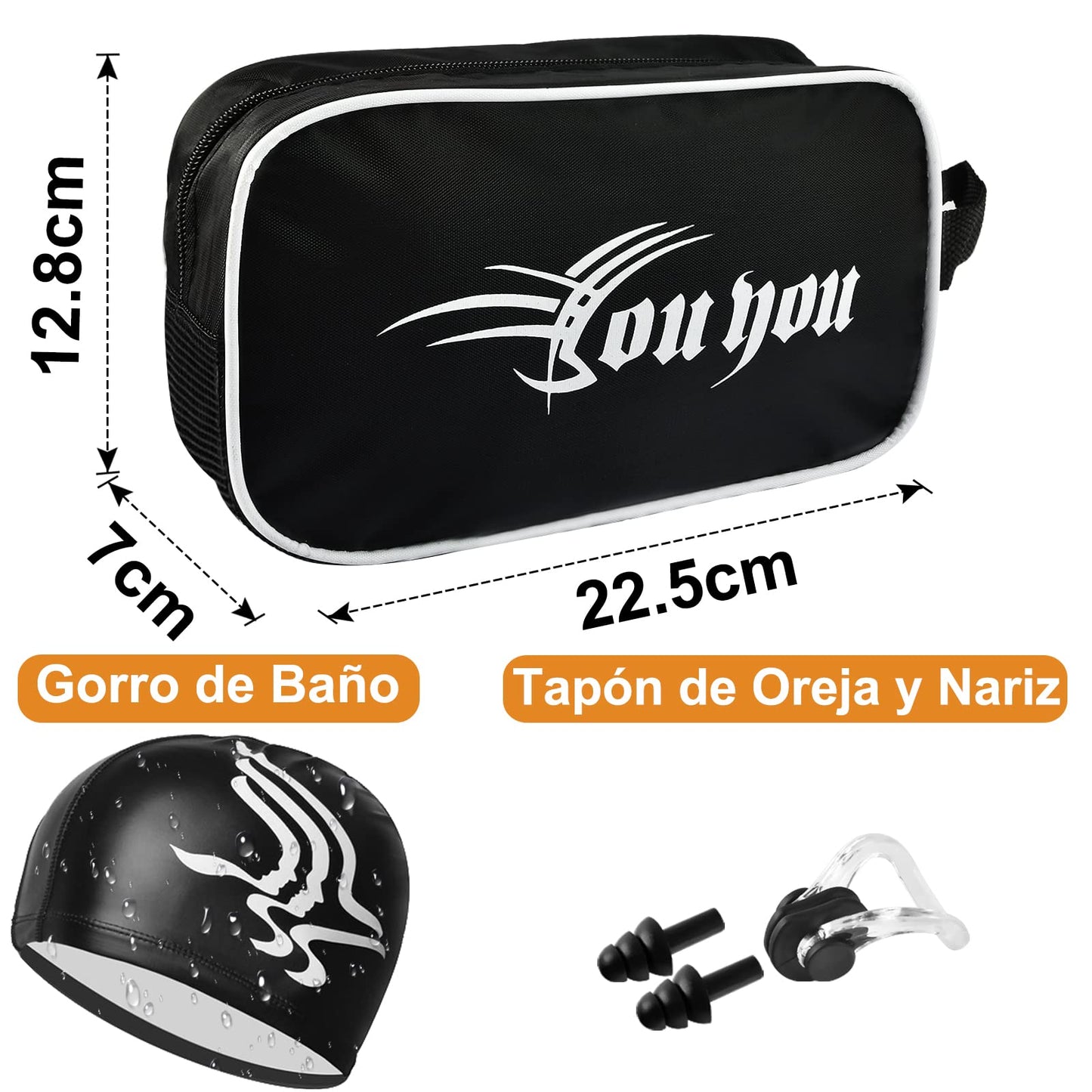 Gafas de Natación, Kit de Natación 5 en 1, Incluye Gafas de Natación, Gorro de Natación, Auriculares y Clips para la Nariz, Bolsa de Natación, Adecuado para Hombres y Mujeres Adultos y Niños Negro