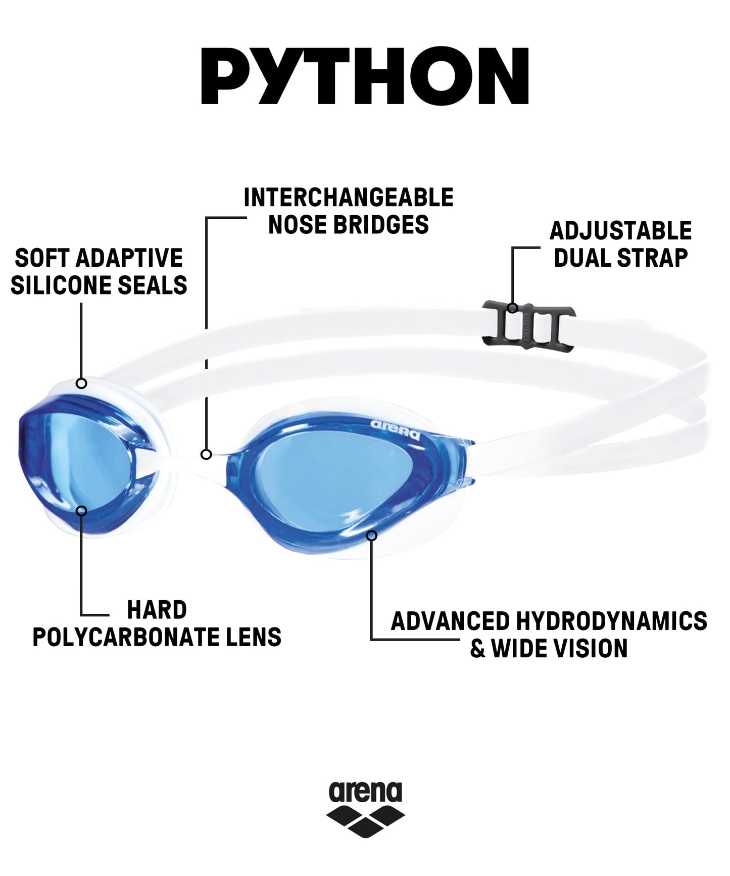 Arena Goggles Natación Python única, Blanco/Azul