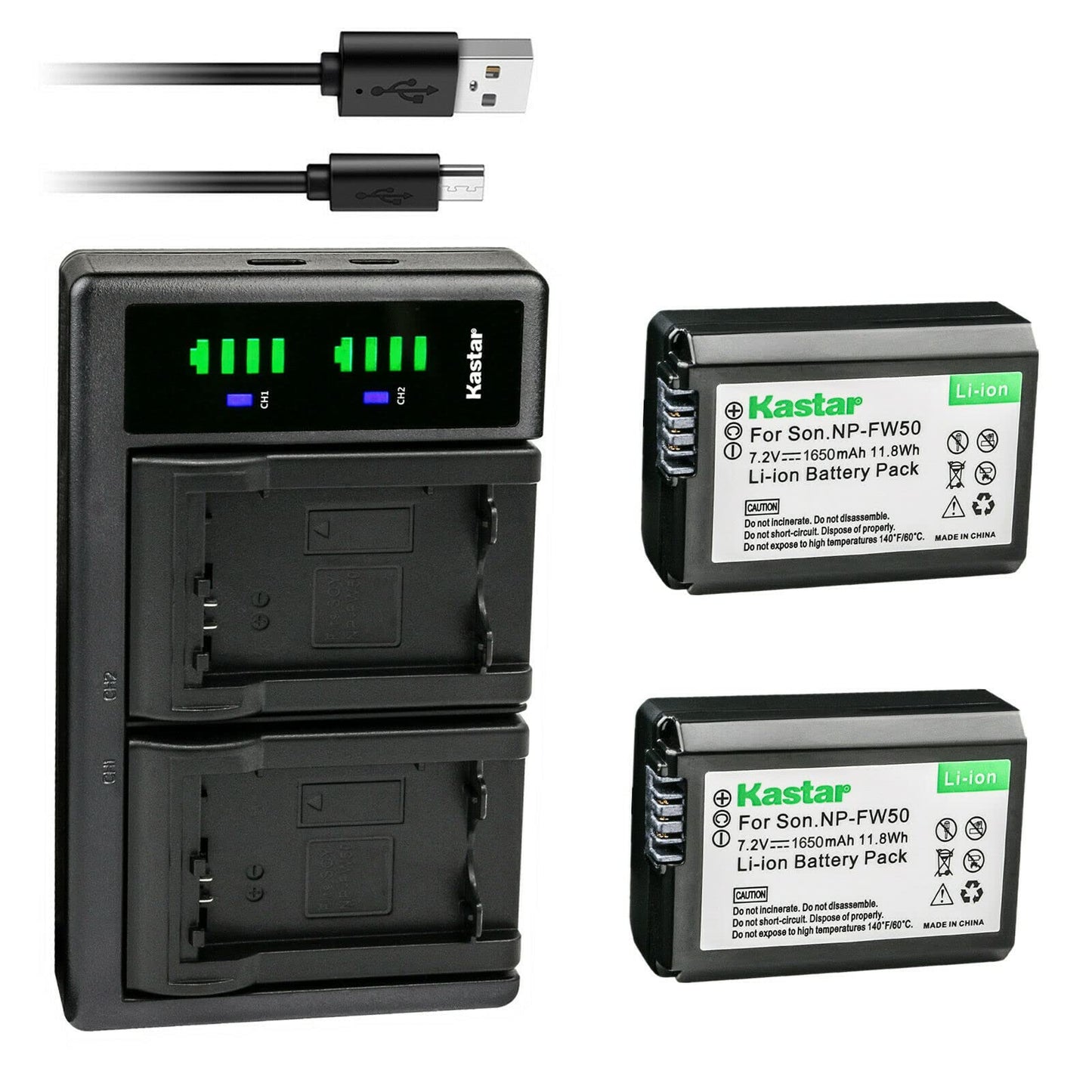 Kastar - Paquete de 2 baterías NP-FW50 y cargador USB LTD2 de repuesto para Sony Alpha α5000, a5000, ILCE-5100, Alpha α5100, a5100, ILCE-6000, Alpha α6000, a6000, ILCE-6100, Alpha α6100, AA 600, y