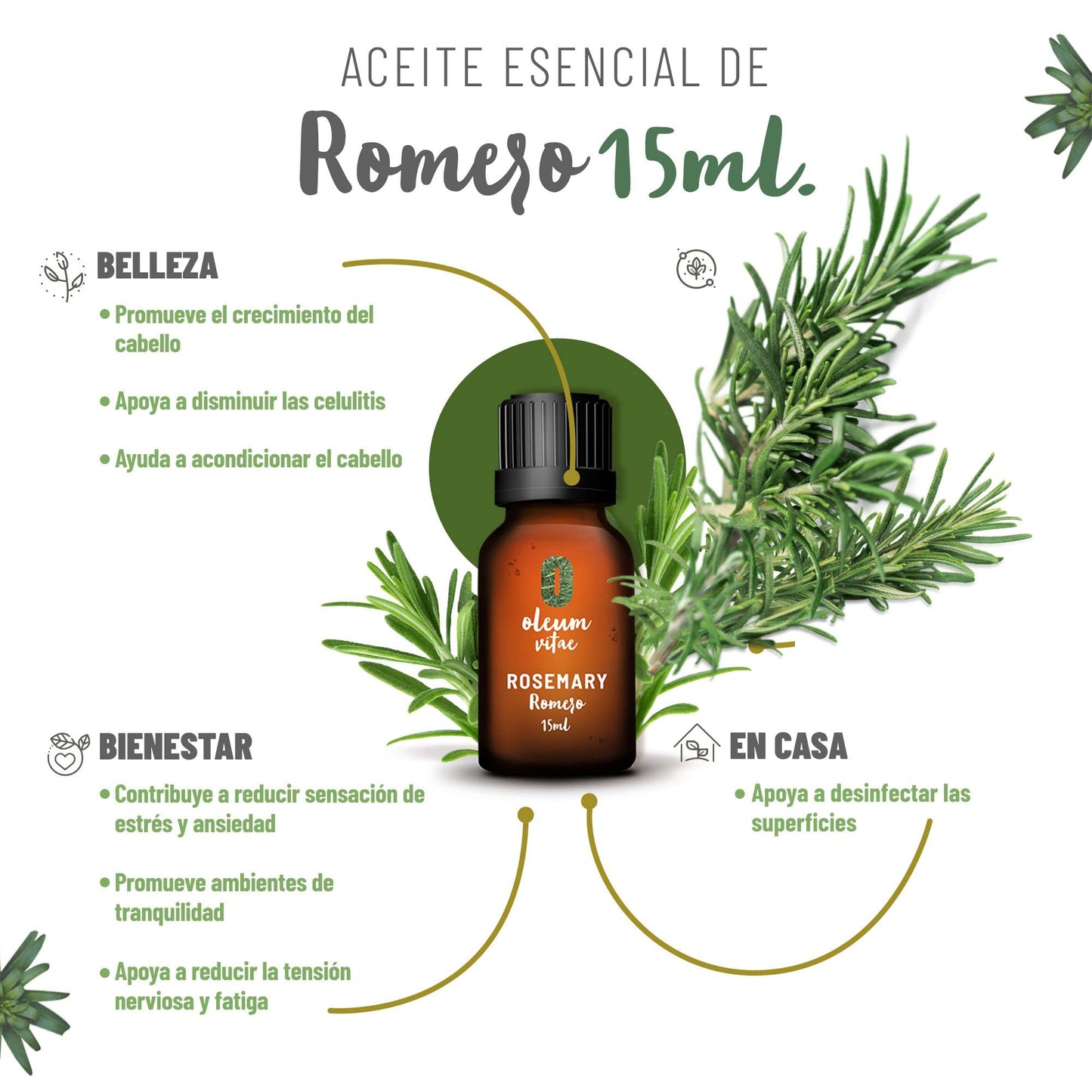 Aceite Esencial OLEUM VITAE Romero 100% Puro Orgánico 15 ml Certificado USDA ORGANIC Hecho en India