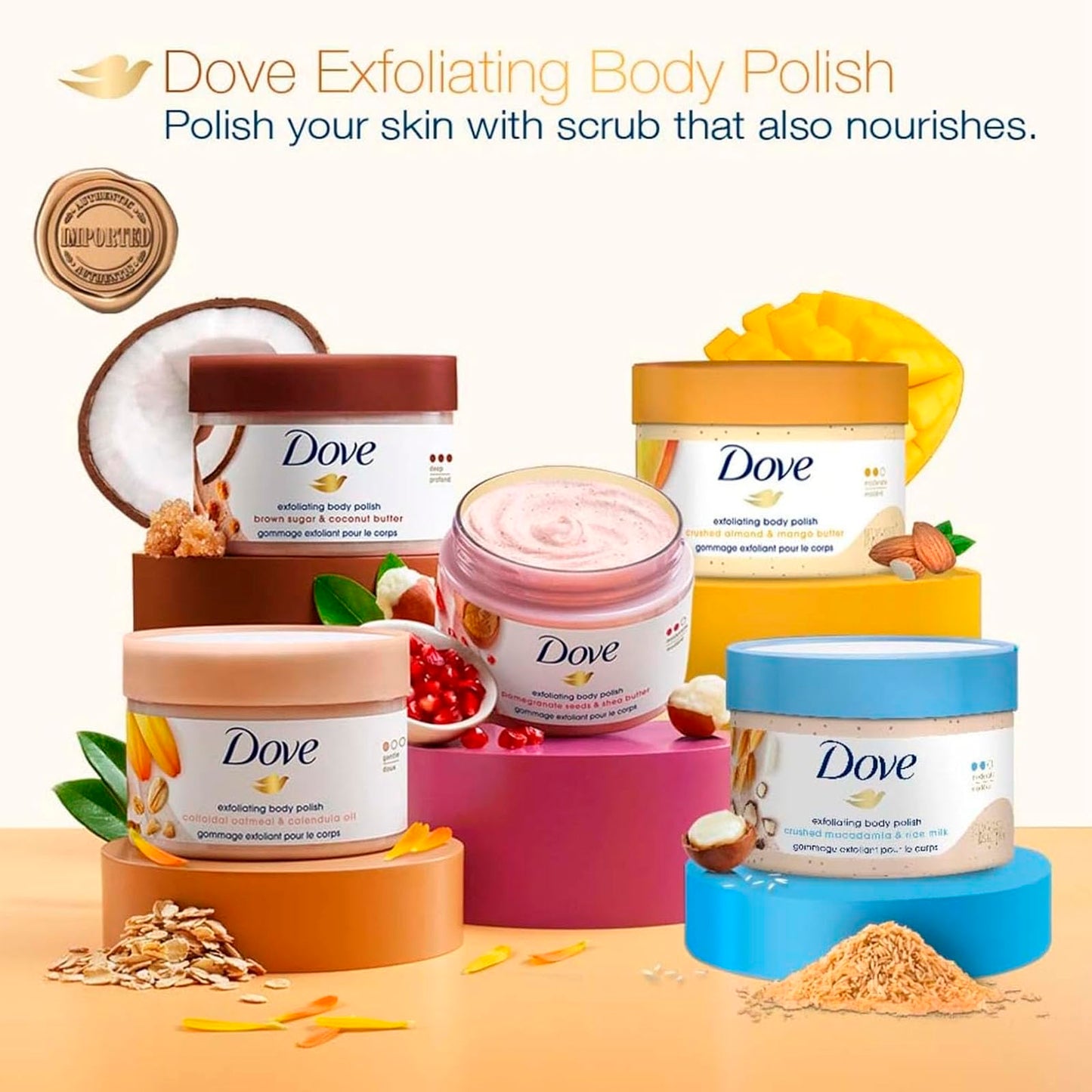 Dove, Exfoliating Body Polish, Pomegranate Seeds and Shea Butter, Exfoliante Corporal, Granada y Manteca de Karité, Piel Suave y Sedosa, Sin Sulfatos, 298 gramos