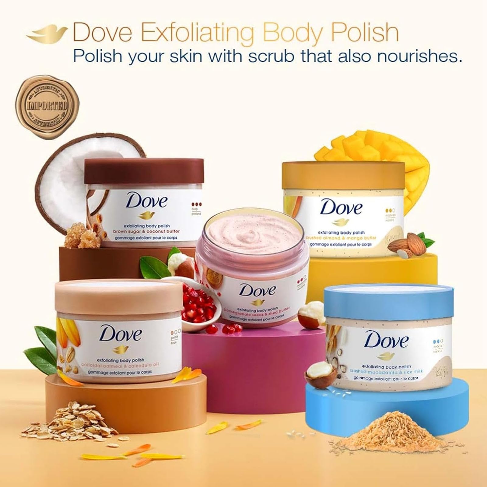 Dove, Exfoliating Body Polish, Pomegranate Seeds and Shea Butter, Exfoliante Corporal, Granada y Manteca de Karité, Piel Suave y Sedosa, Sin Sulfatos, 298 gramos