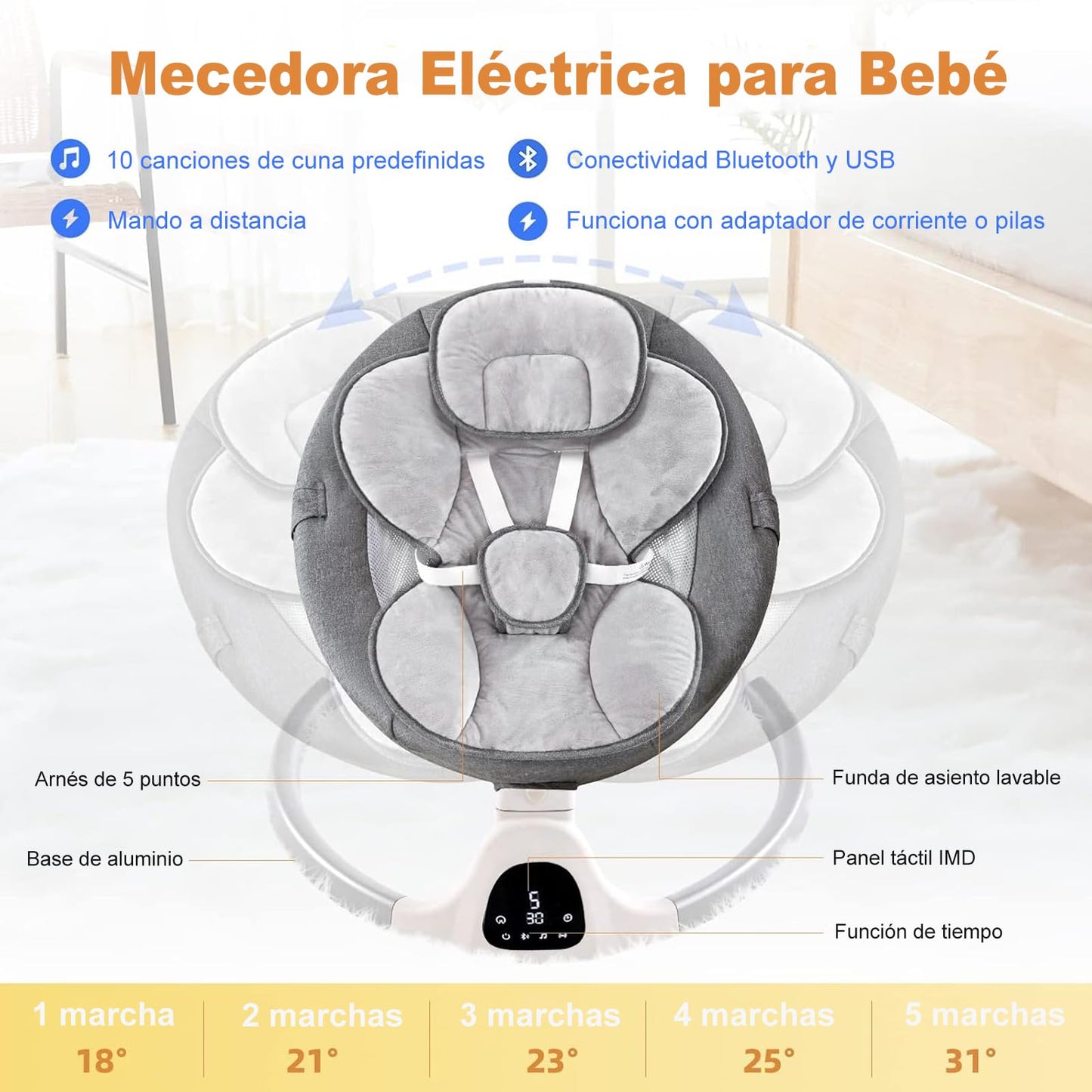 Mecedora Electrónica con Pantalla Digital y Control Inteligente de 5 Velocidades para Bebé