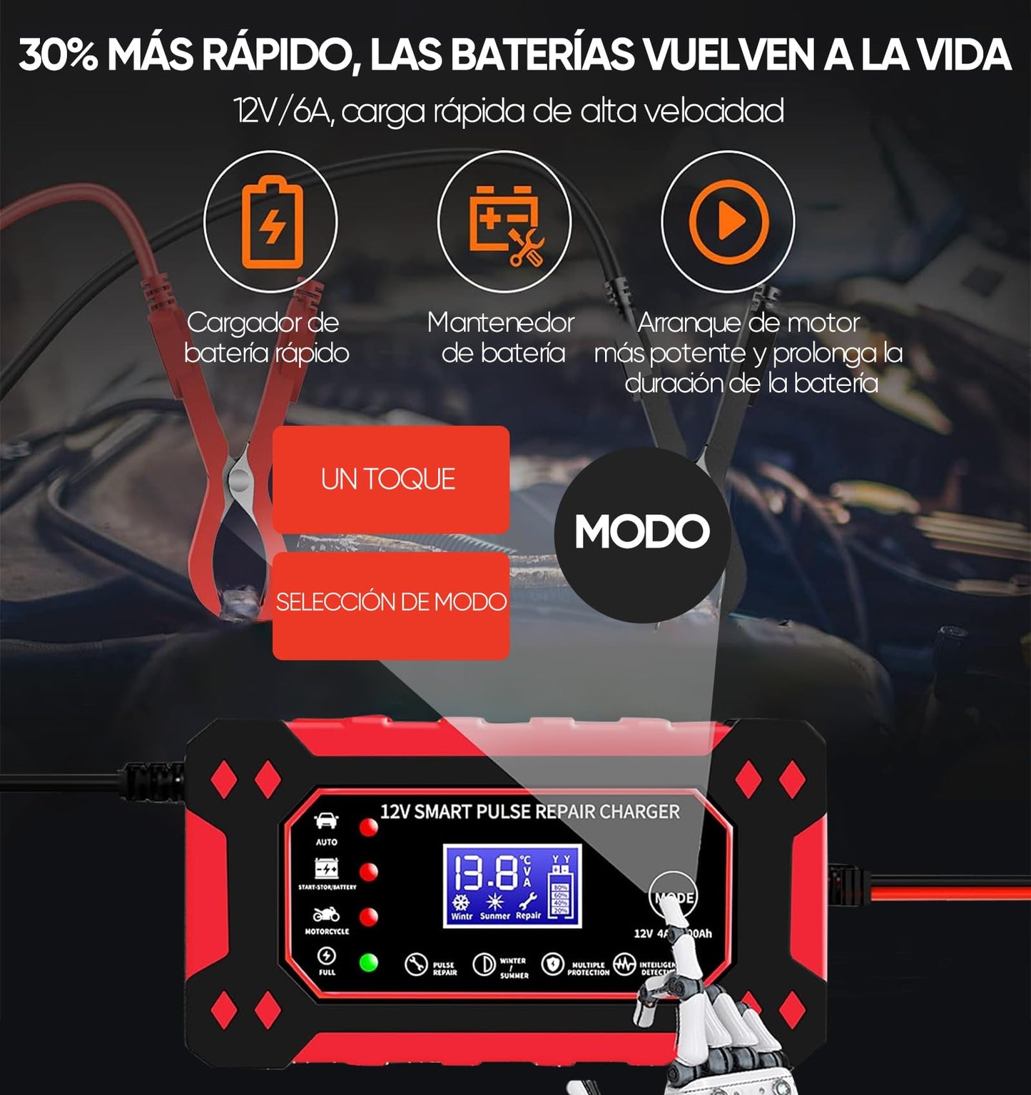 Cargador de Bateria de Auto 12V 6A,Portatil Cargador de Baterías Automático Coche Moto SUV,LCD Pantalla,Múltiples Protecciones,Ajuste Inteligente de Corriente para Cargar y Proteger Batería,ATVs,RVs