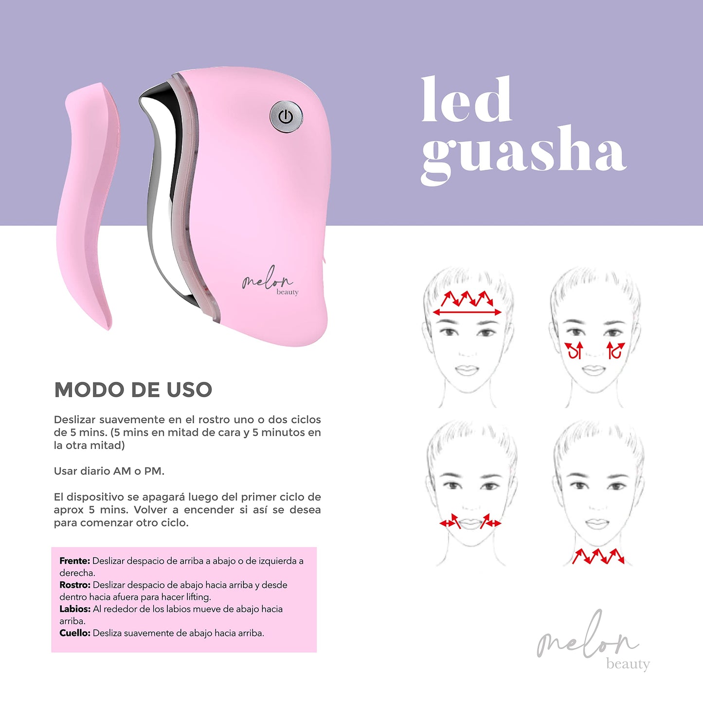 LED Guasha Melon Beauty - Dispositivo antiedad facial con luz led, calor y vibración. Da un efecto lifting, disminuye líneas, arrugas y tonifica tu rostro. Incluye Serum de Bakuichol el nuevo retinol vegano. Color ROSA
