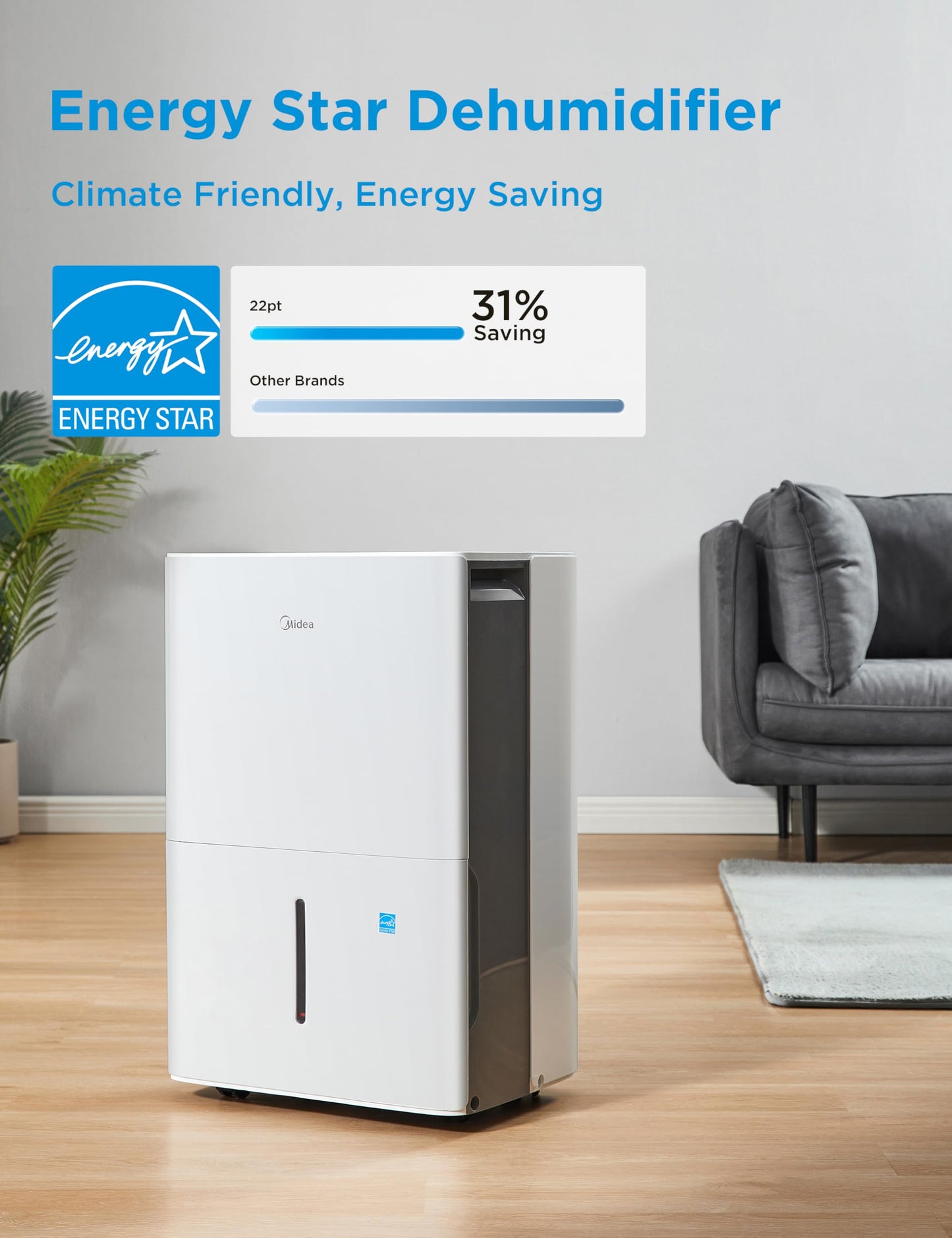 Deshumidificador Midea Blanco Certificado Energy Star con Filtro de Aire Reutilizable de 22 Pintas
