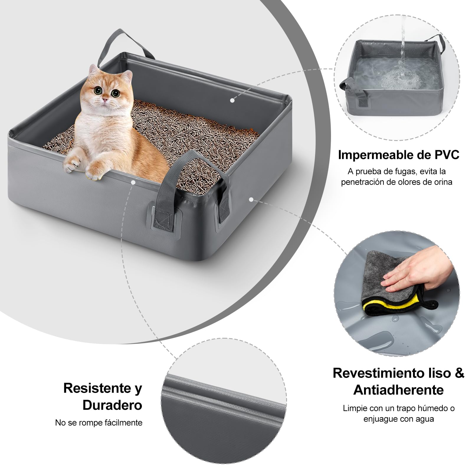 Caja de Arena Portátil LESUCCI Gris Plegable Impermeable para Gatos Medianos y Pequeños