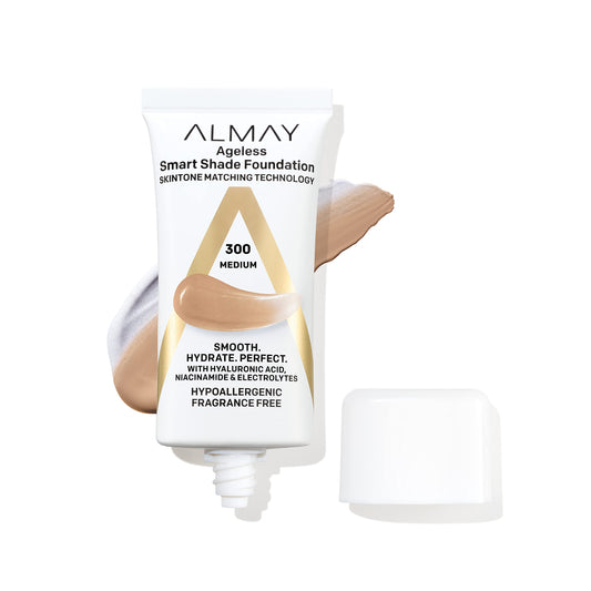 Base de maquillaje antienvejecimiento Almay Smart Shade Ageless con ácido hialurónico, niacinamida y vitaminas C y E - Tono 300 Medium - 1 oz - Hipoalergénica y sin fragancia - Ideal para pieles maduras - ¡Compra online ahora!