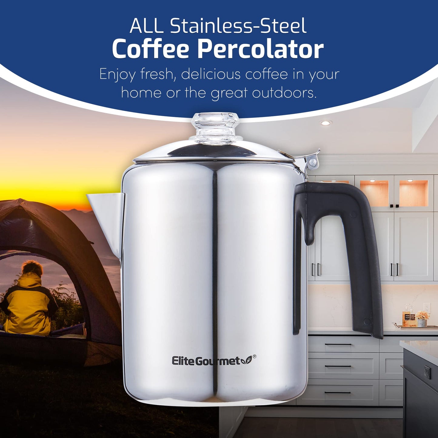 Elite Gourmet EC008 - Percolador de café clásico para estufas, perilla de progreso de cerveza transparente, mango de tacto fresco, servicio inalámbrico, 8 tazas, acero inoxidable