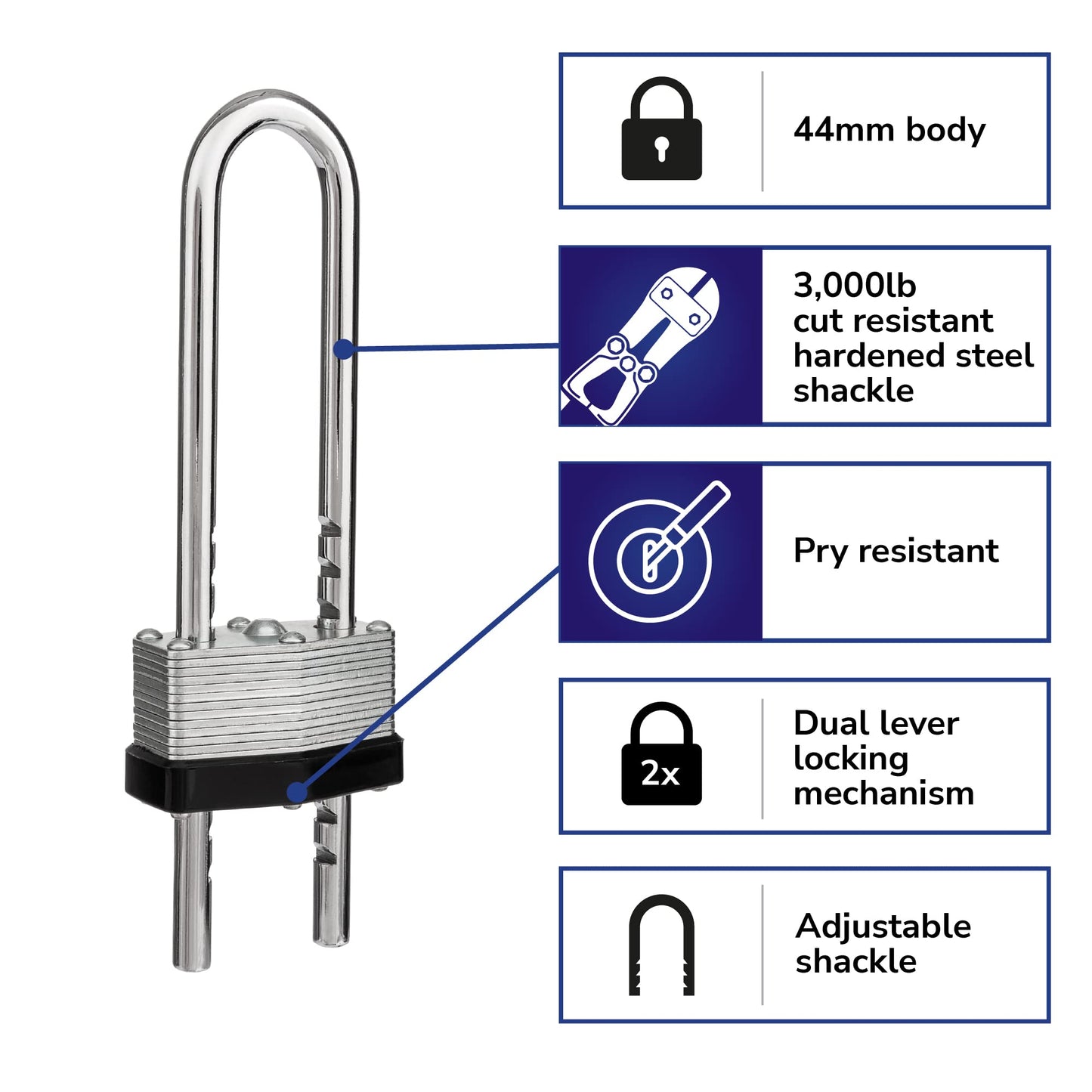 Brinks 172-44061 44mm Laminated Steel Warded Padlock with Adjustable Shackle