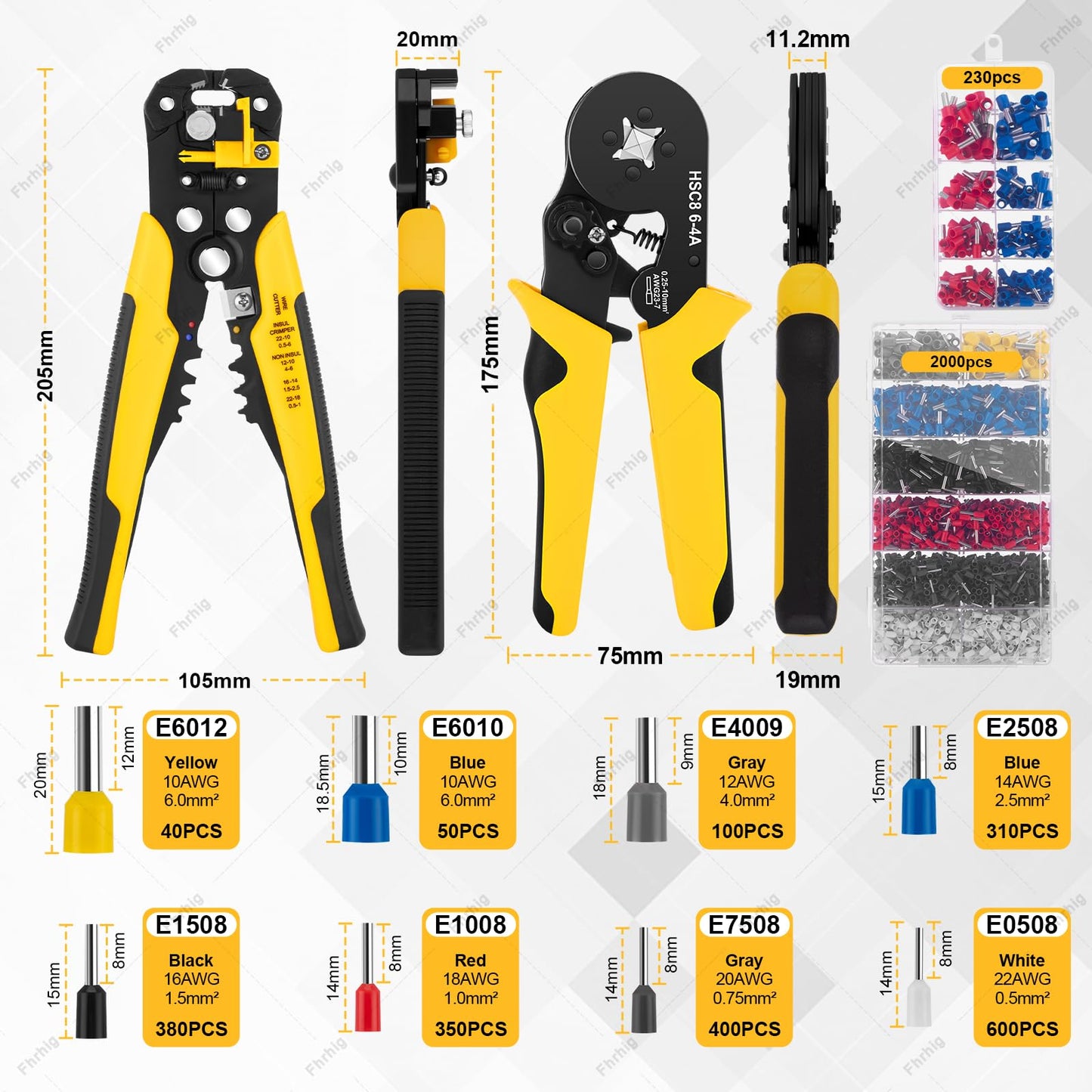 Juego de Crimpadora 2230pcs de Alambre, Fhrhig Terminal para Cable Eléctrico, Multifuncional Pinza Pelacable, Herramienta Electricista Carraca Autoajustable de Ferrules Alicates, 0.25-10 mm², AWG 23-7